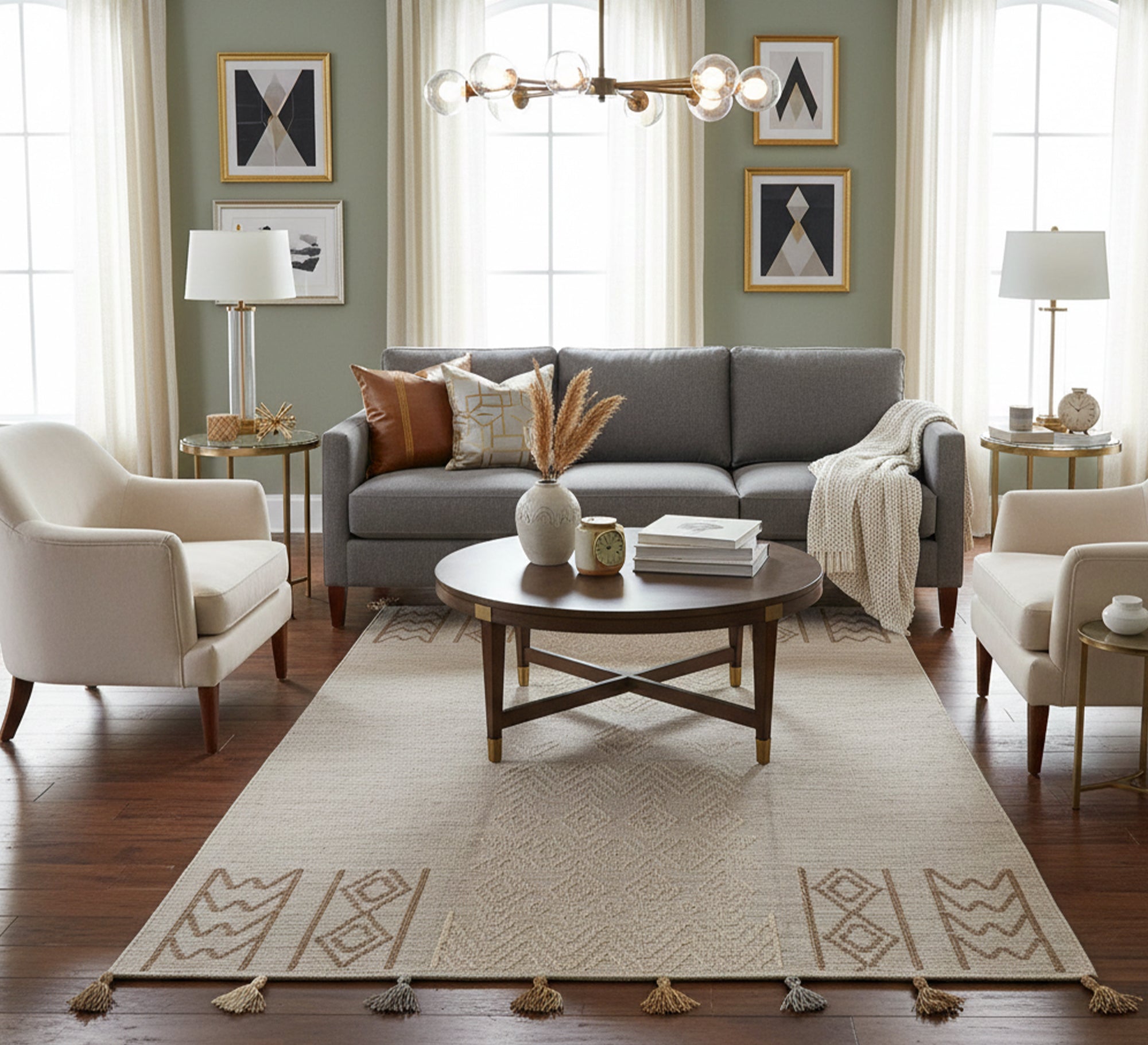 A stylish, boho beige rug with a central design and herringbone patterns - Vitrine Furniture - Accessories