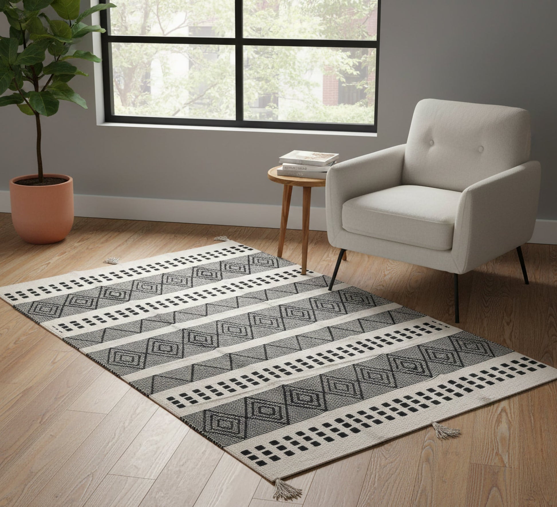 A stylish, modern rug in neutral colors featuring alternating geometric stripes - Vitrine Furniture - Accessories