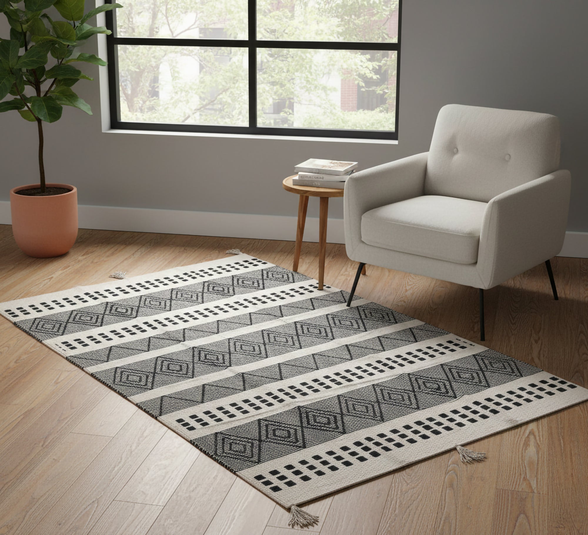A stylish, modern rug in neutral colors featuring alternating geometric stripes - Vitrine Furniture - Accessories