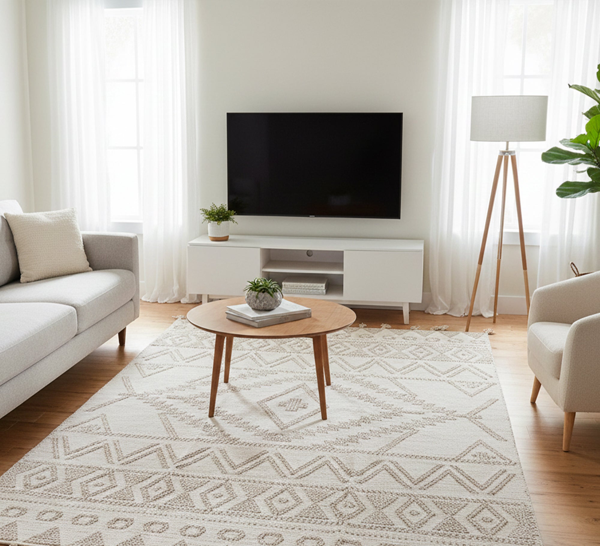 A stylish natural rug with a distinctive texture, featuring geometric designs and bohemian motifs - Vitrine Furniture - Accessories