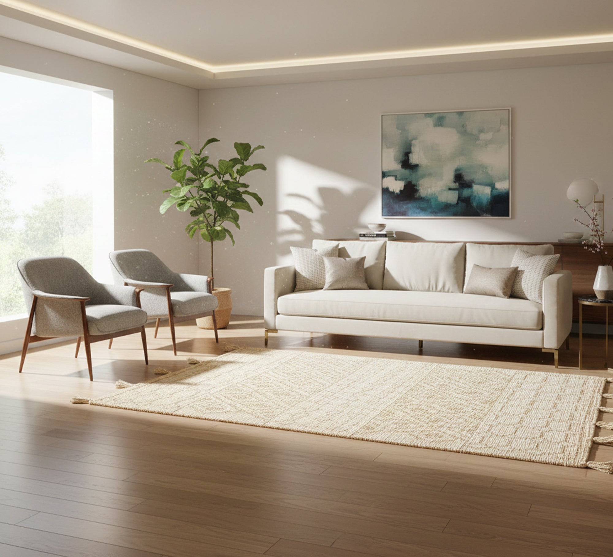 A stylish, textured beige rug featuring boho hexagonal patterns ...