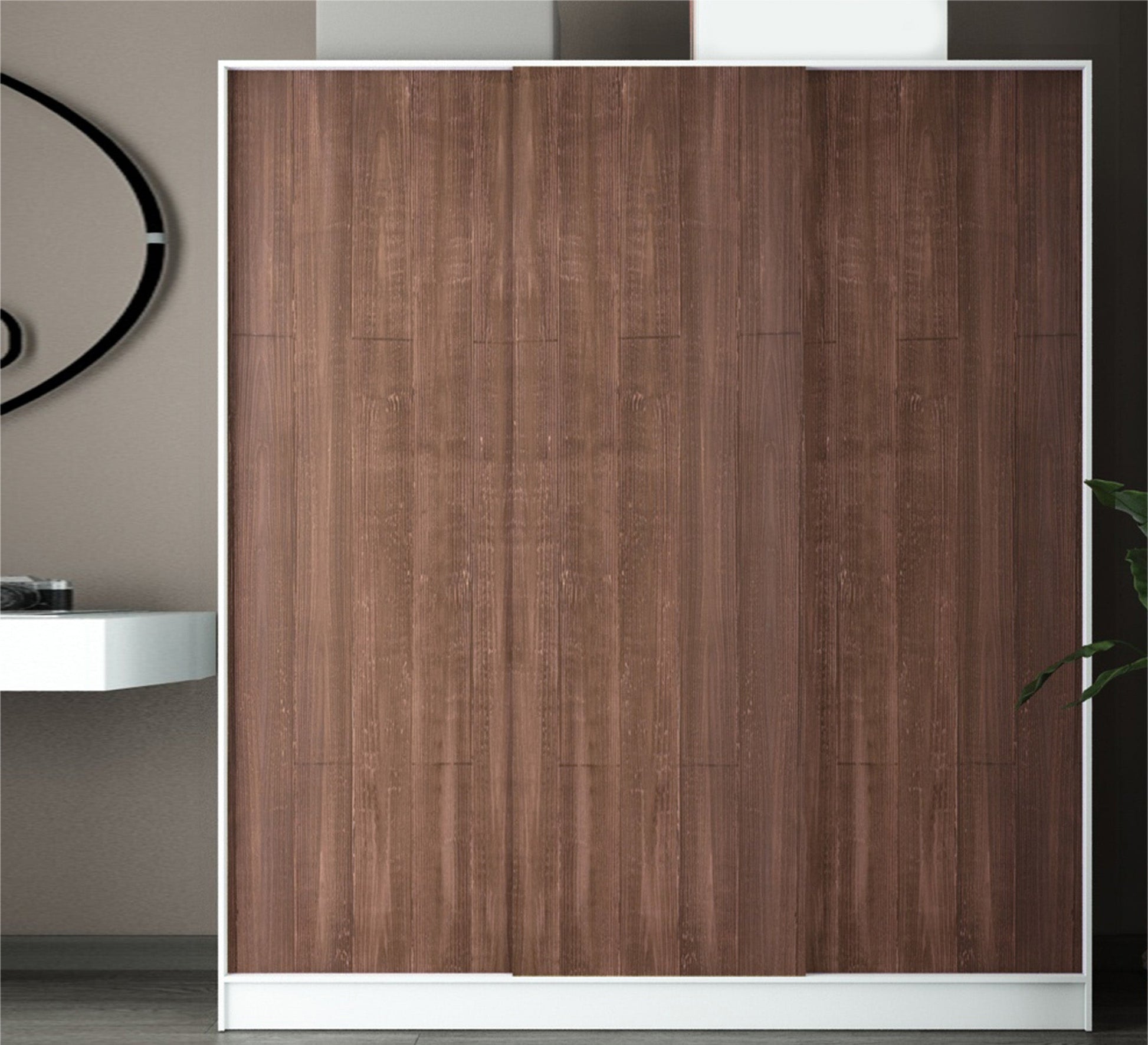 A three - leaf brown sliding wardrobe - Vitrine Furniture - Furniture