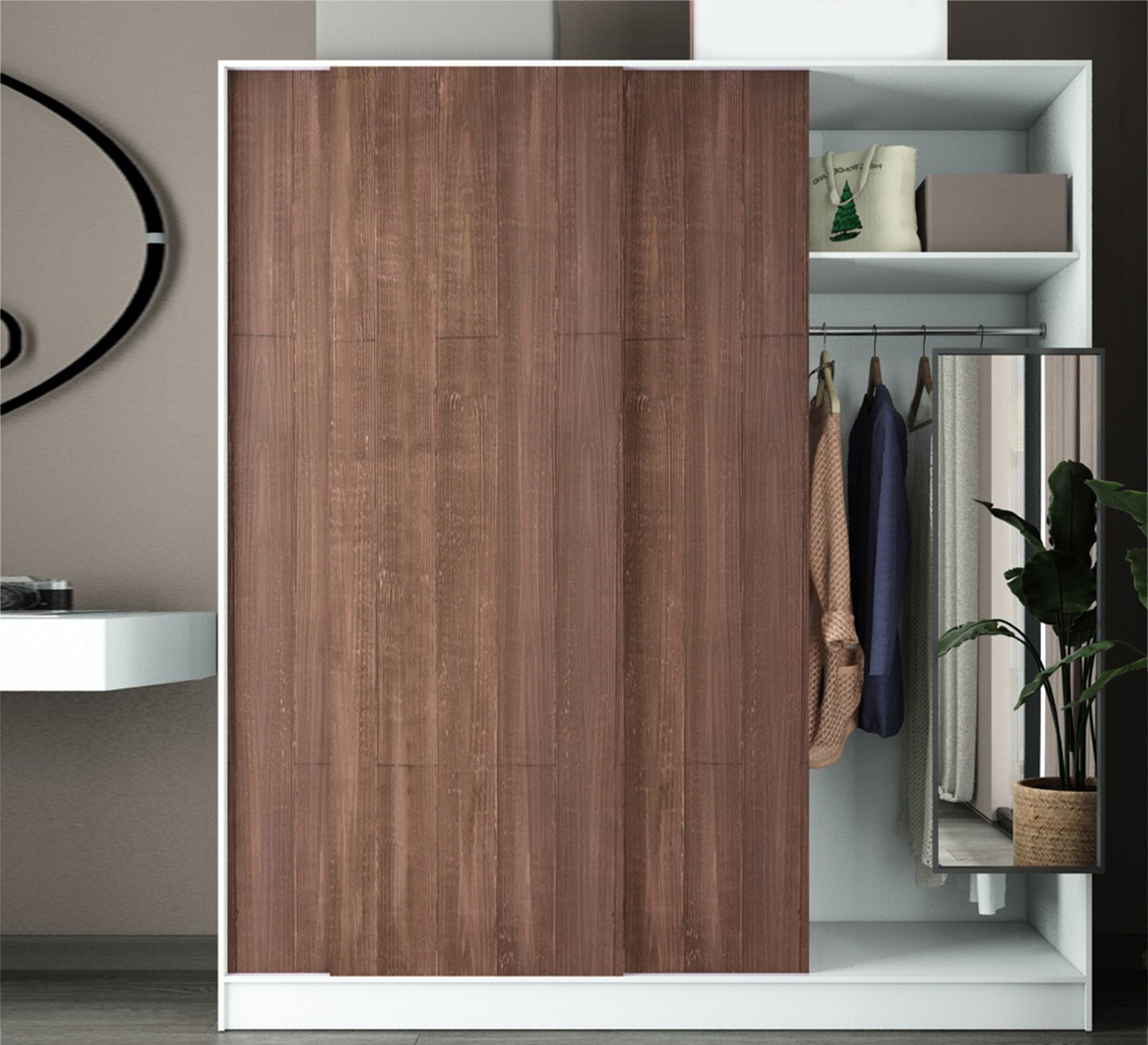 A three - leaf brown sliding wardrobe - Vitrine Furniture - Furniture