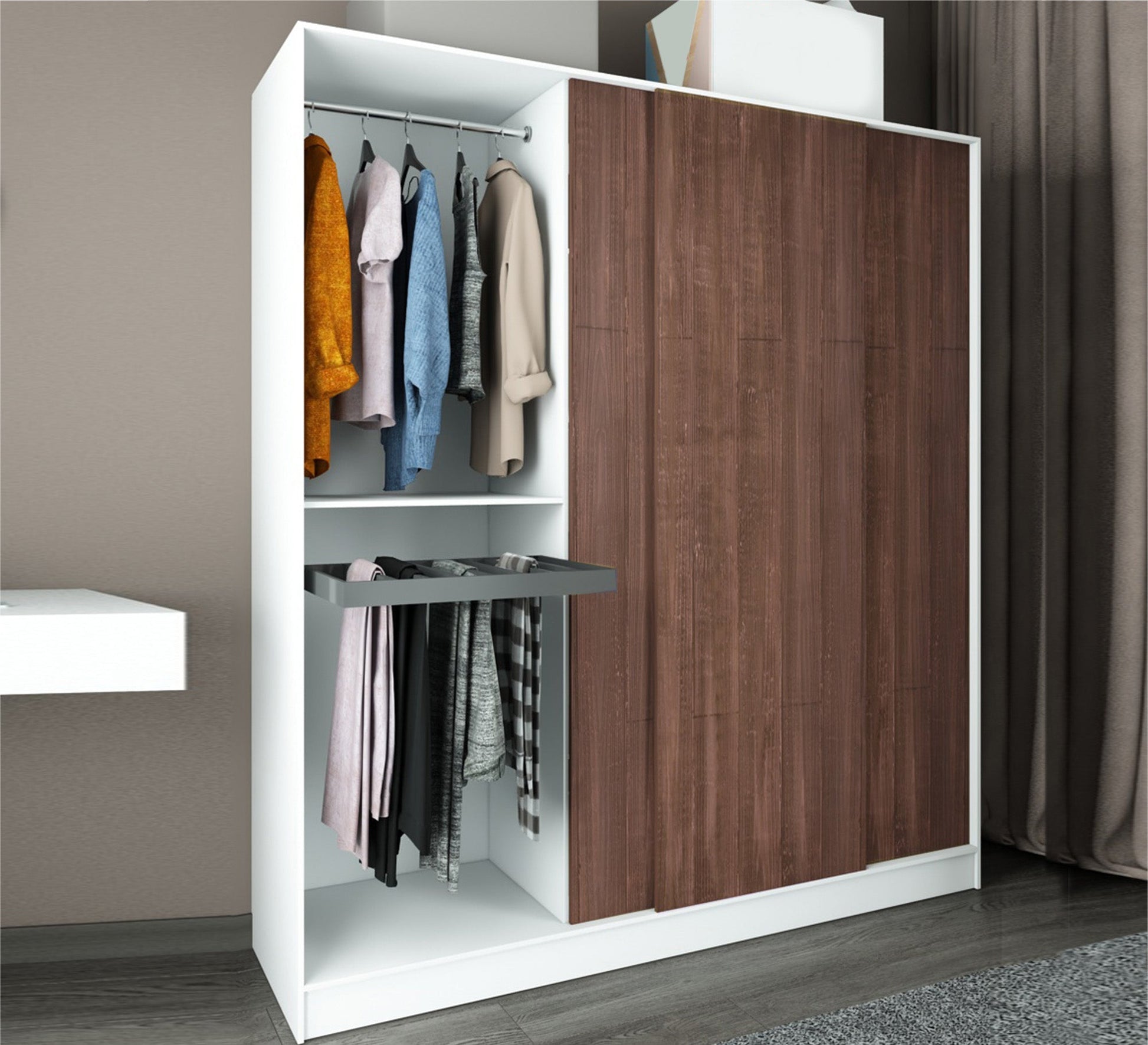 A three - leaf brown sliding wardrobe - Vitrine Furniture - Furniture