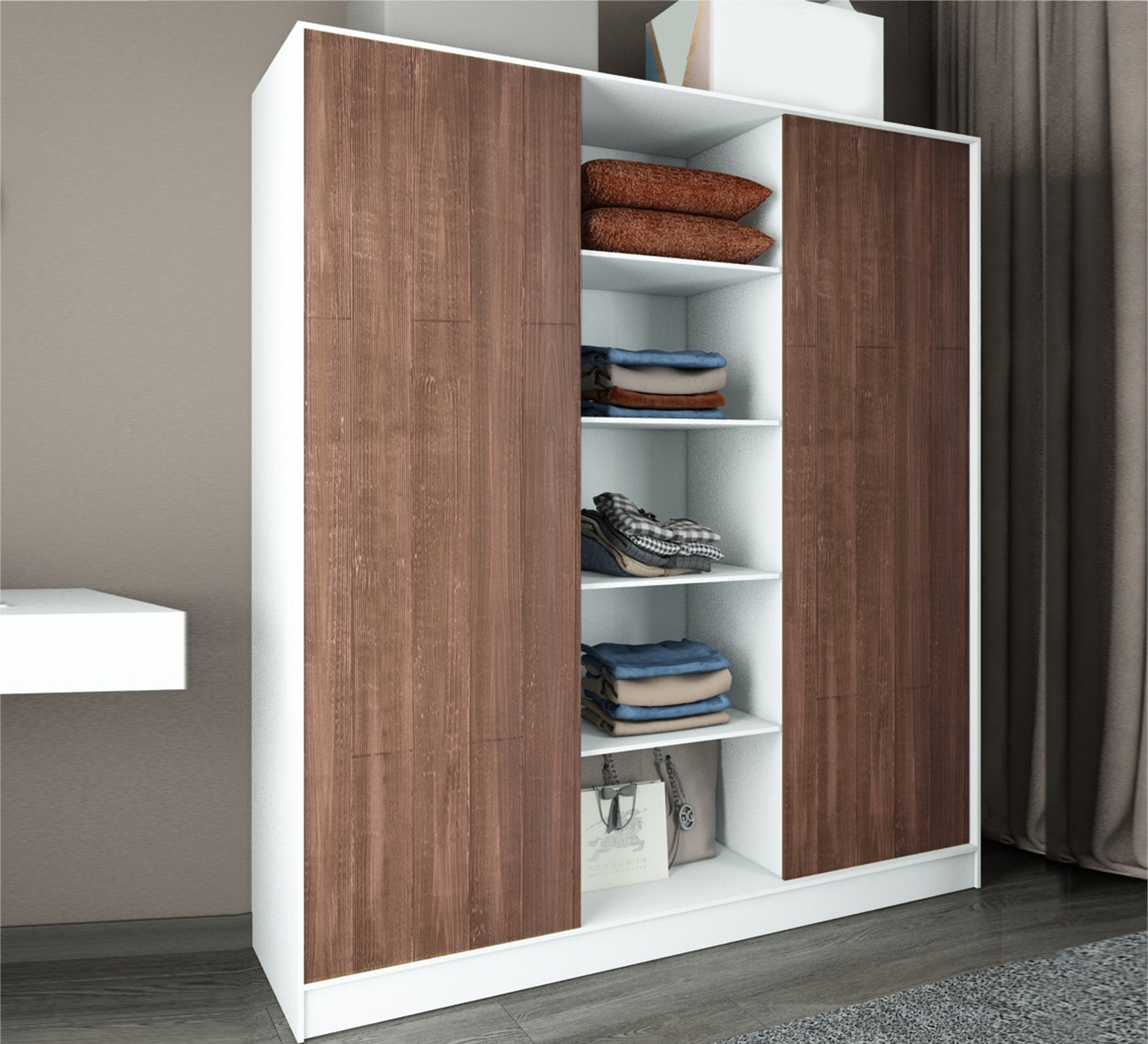 A three - leaf brown sliding wardrobe - Vitrine Furniture - Furniture
