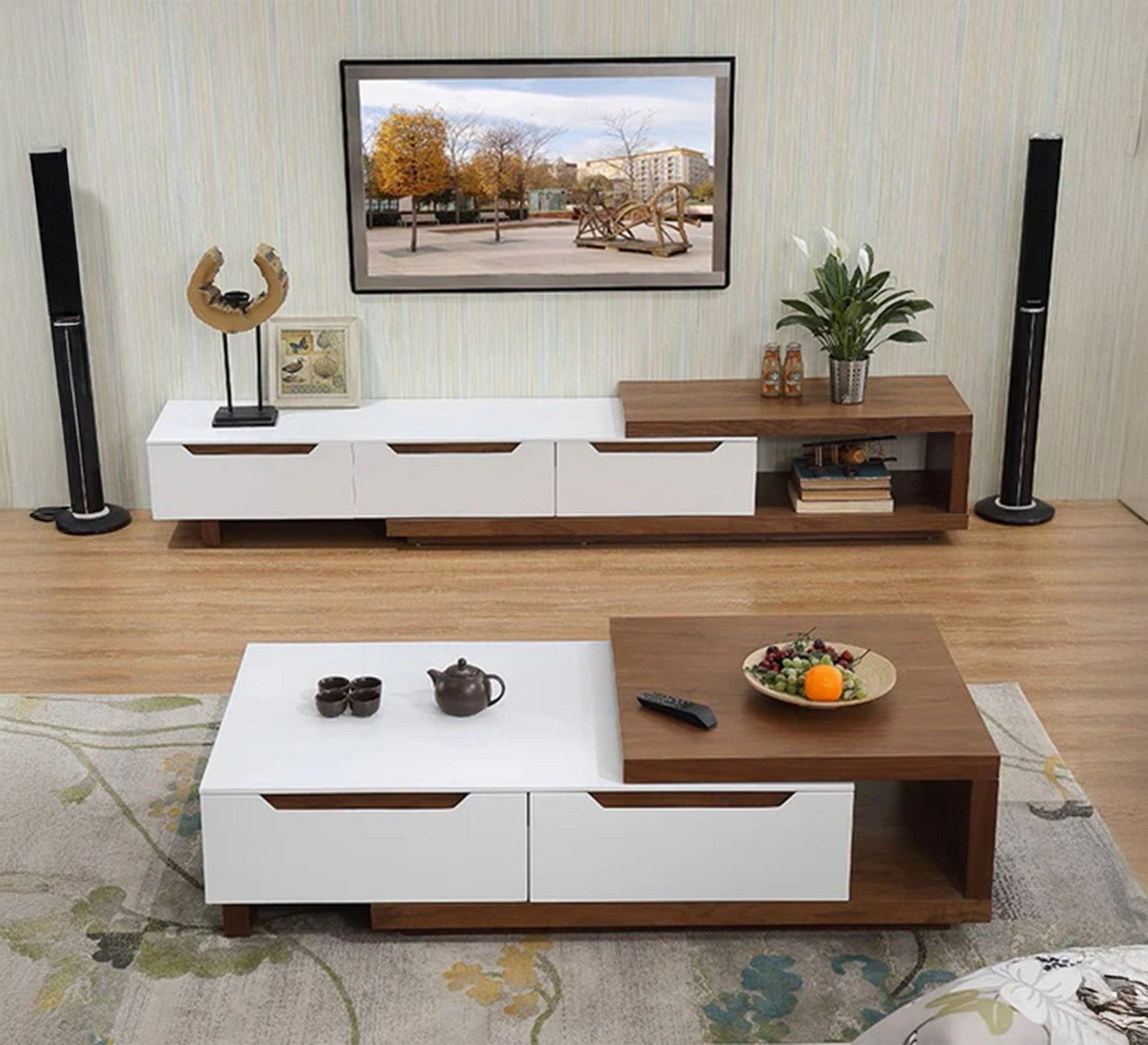 A TV table and coffee table in crisp white and honey brown. - Vitrine Furniture - Furniture