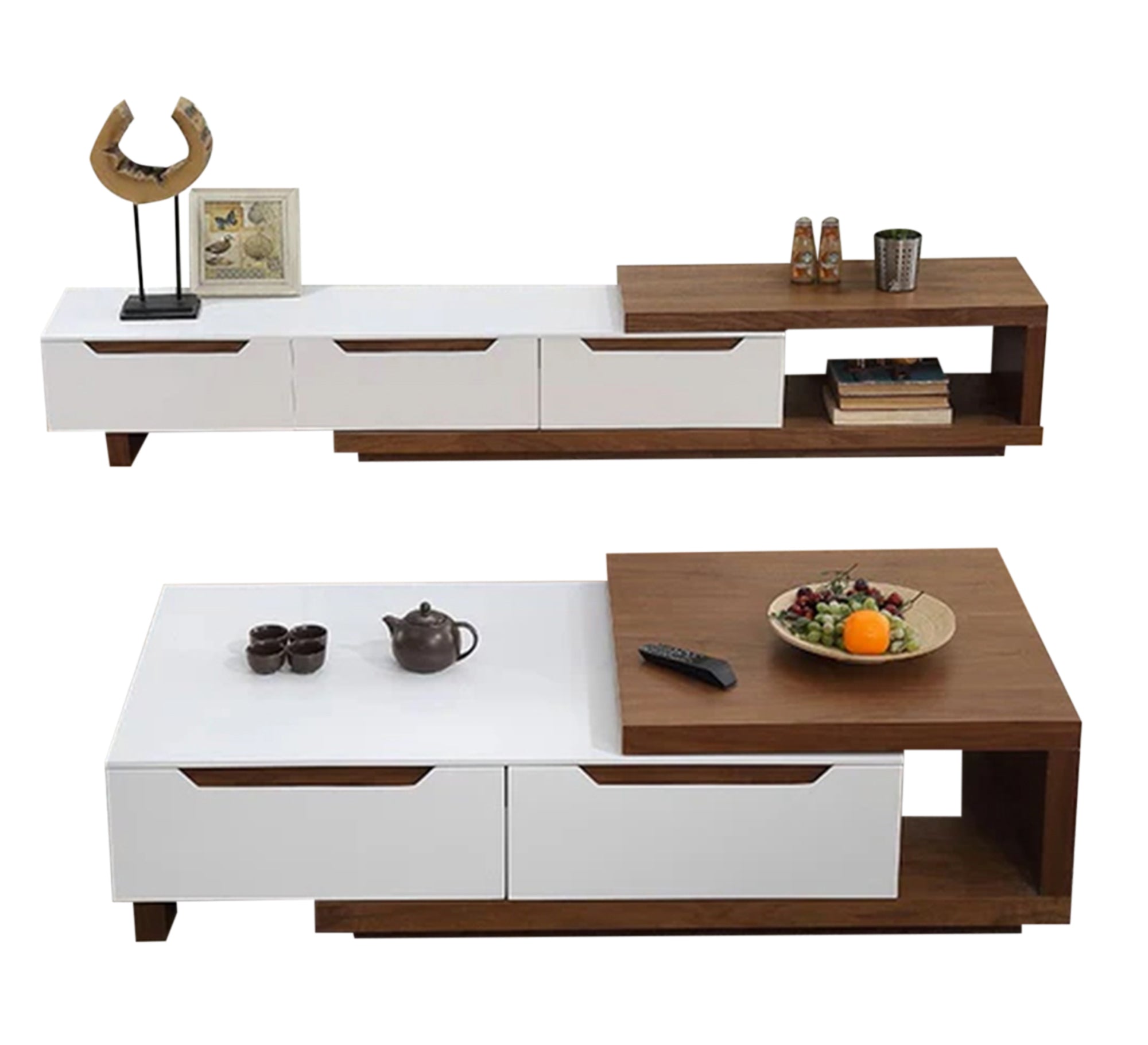 A TV table and coffee table in crisp white and honey brown. - Vitrine Furniture - Furniture