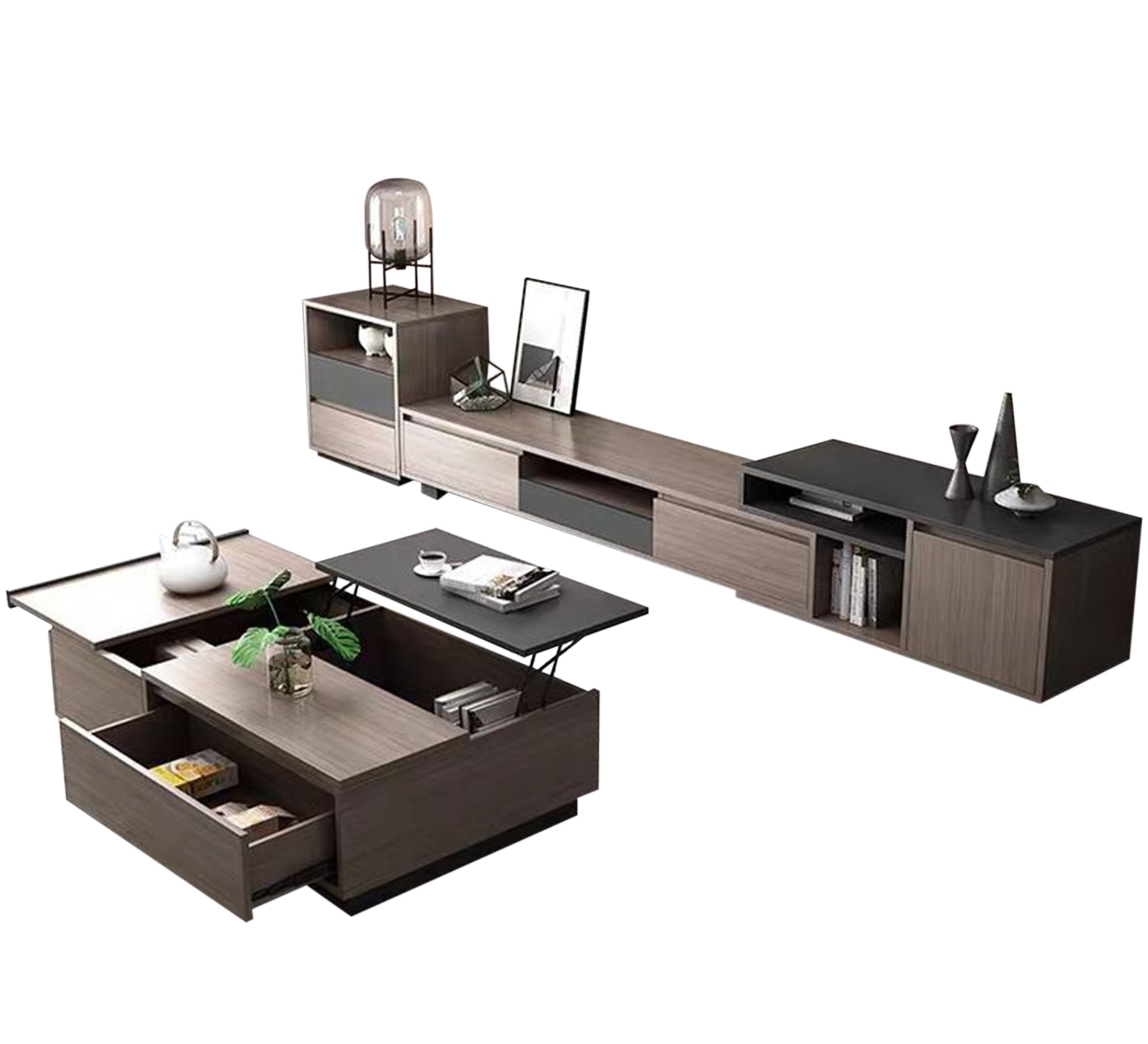 A TV unit, a shelf, and a unit with 2 drawers and a rectangular table - Vitrine Furniture - Furniture