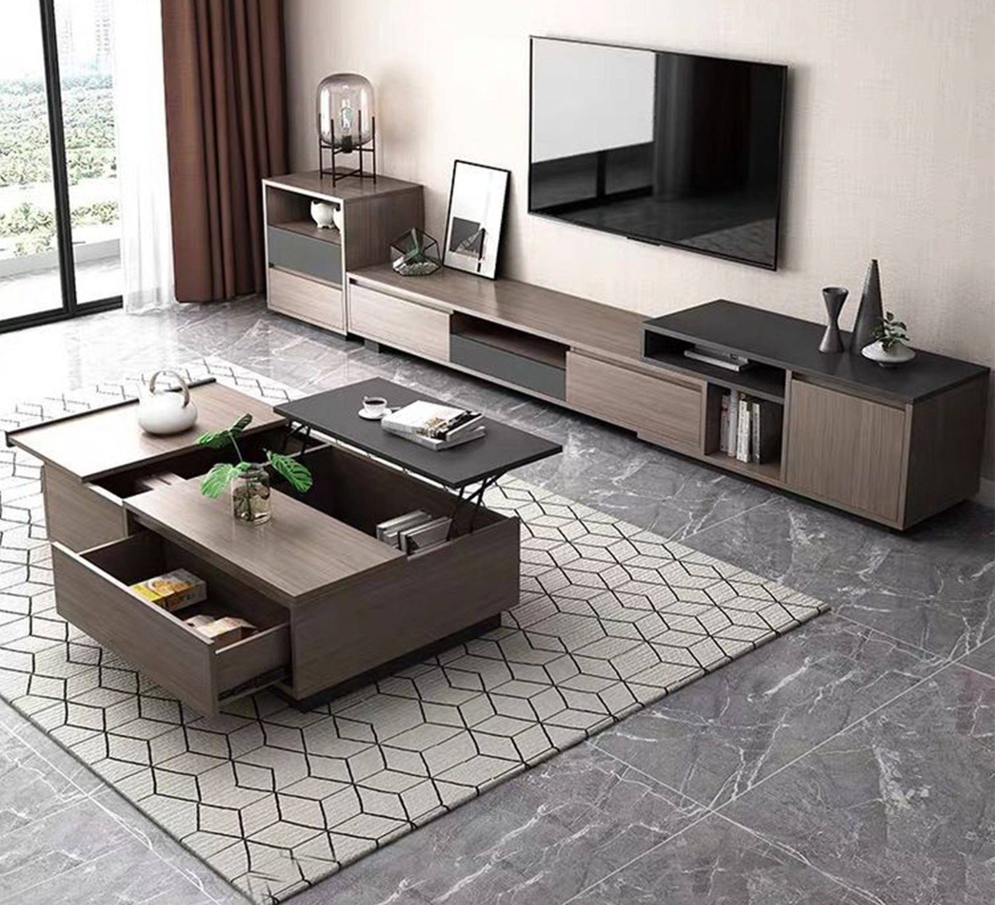 A TV unit, a shelf, and a unit with 2 drawers and a rectangular table - Vitrine Furniture - Furniture