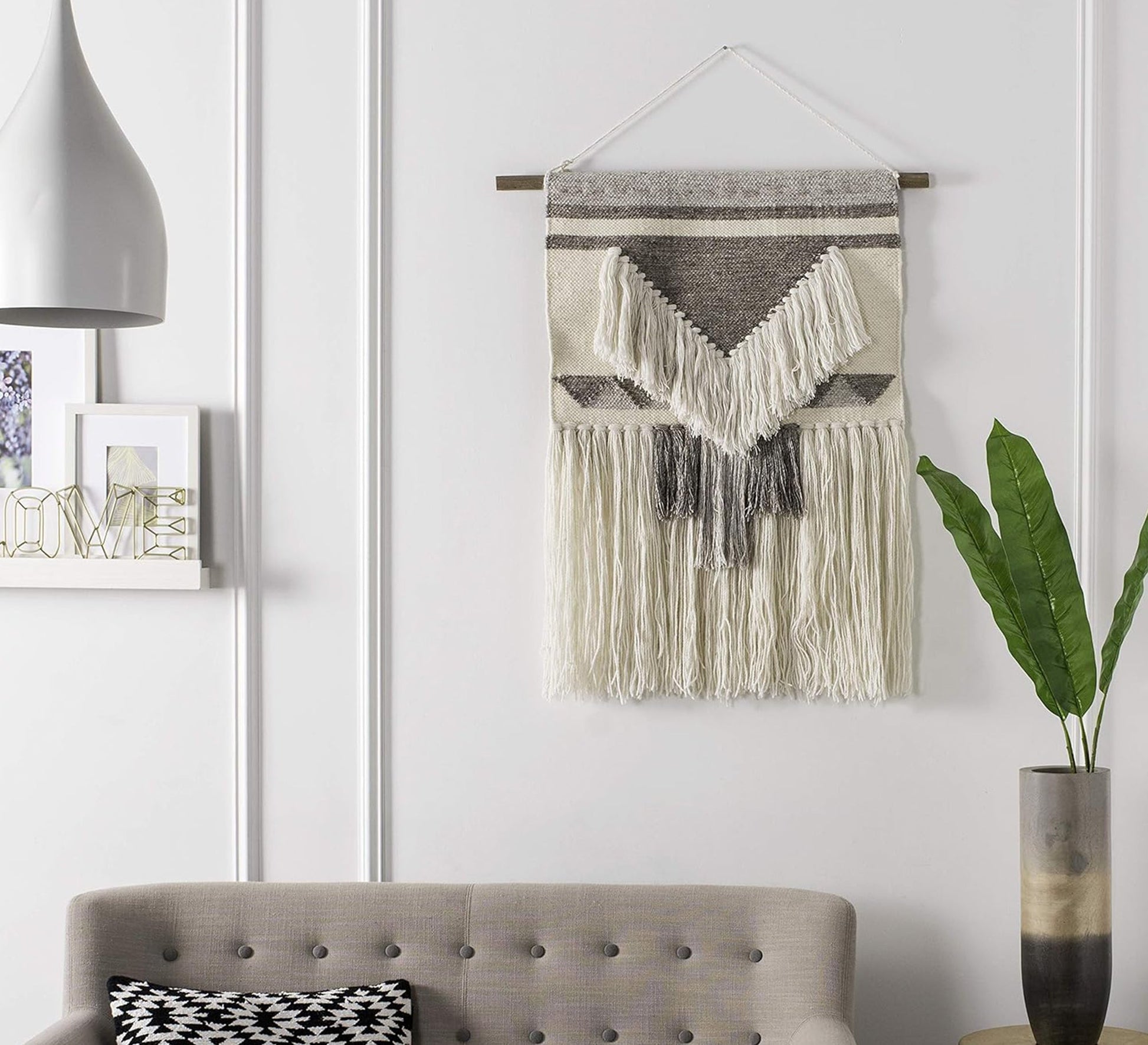 A white and gray throw with sharp angles and fringes - Vitrine Furniture - Accessories