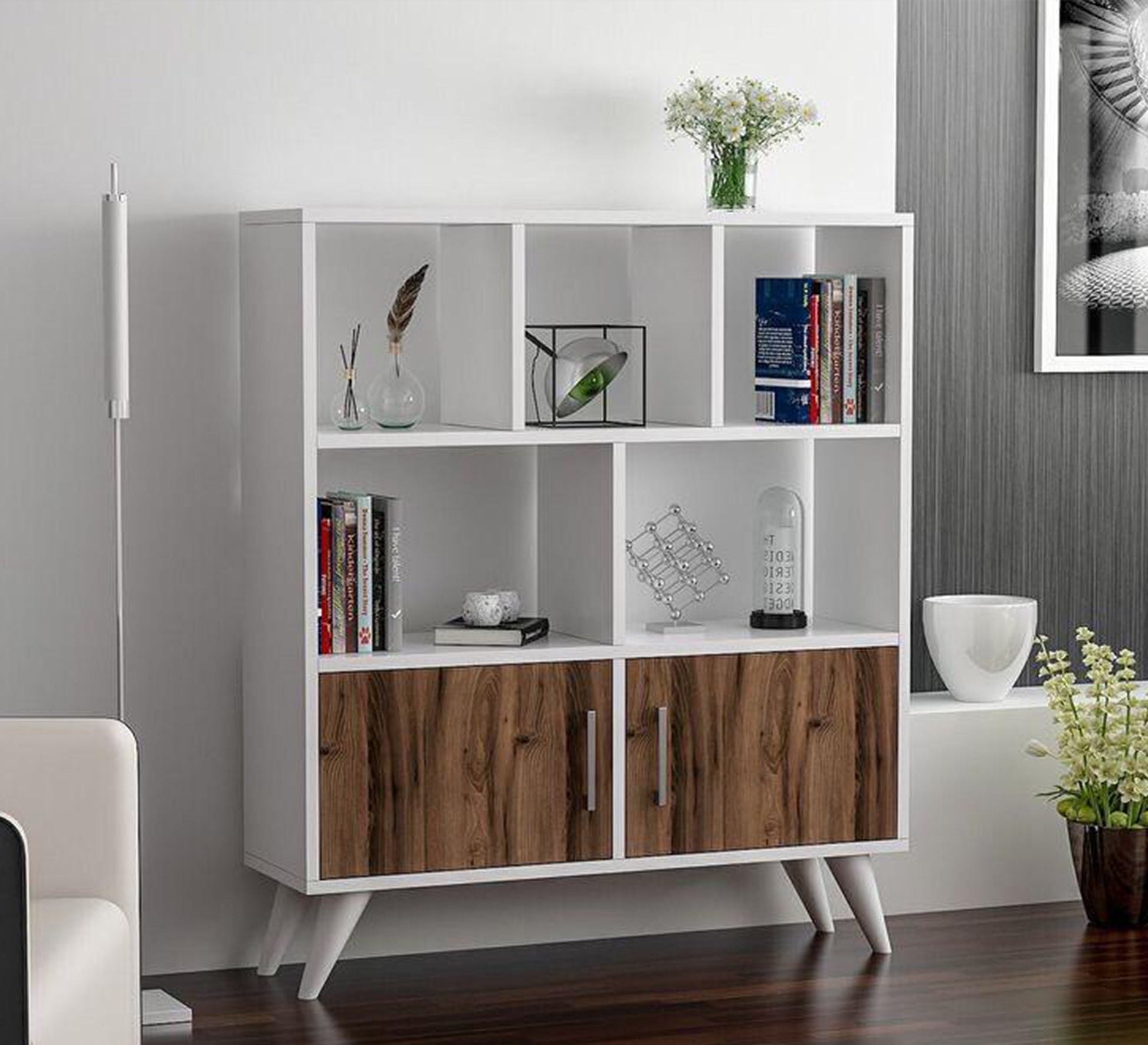 A white bookcase with two brown doors - Vitrine Furniture - Furniture