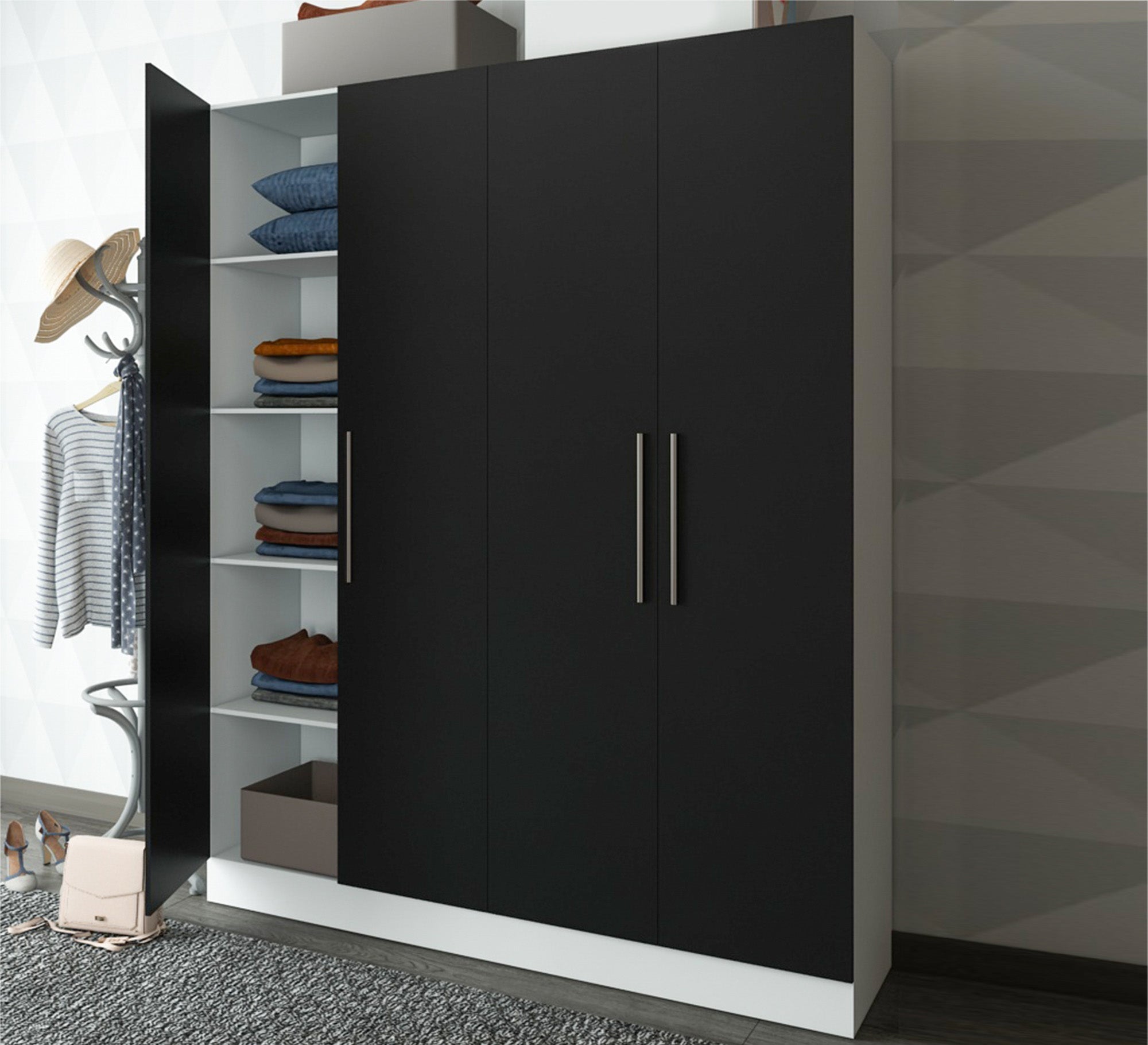 A white dresser with four black moving doors - Vitrine Furniture - Furniture