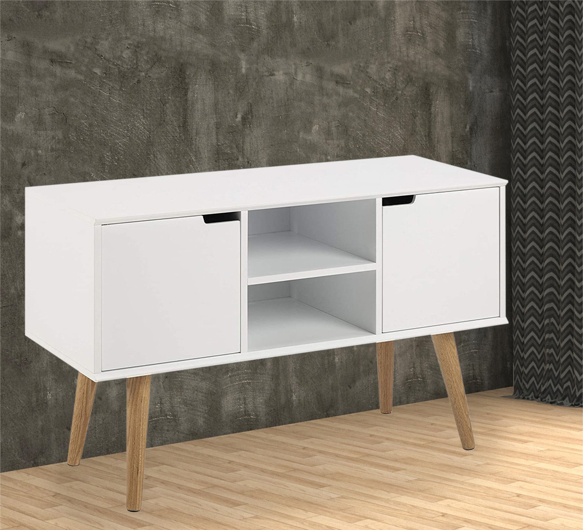 A white storage unit with two leaves, right and left, and an open shelf in the middle - Vitrine Furniture - Furniture