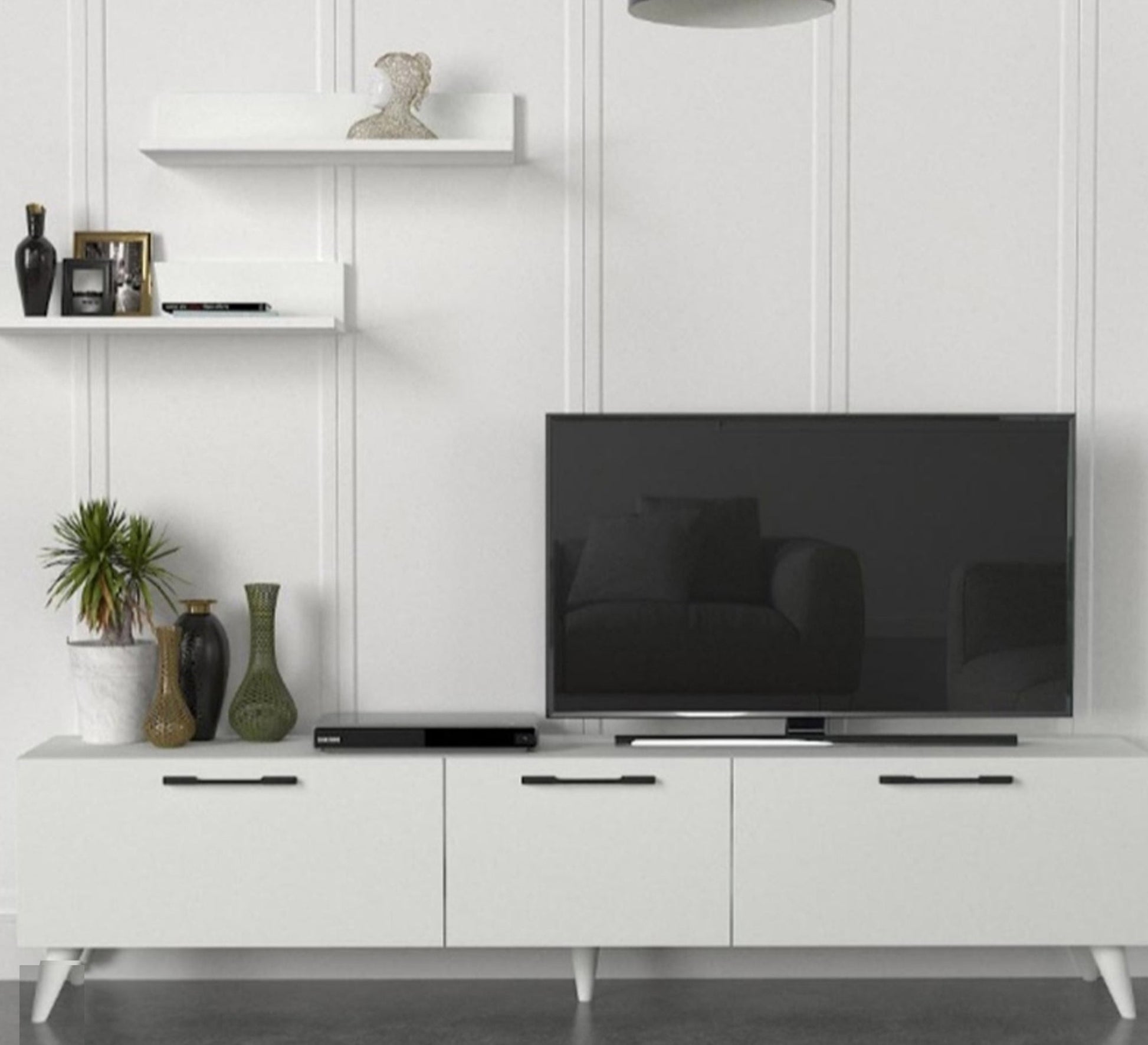 A white TV screen unit raised on legs - Vitrine Furniture - Furniture