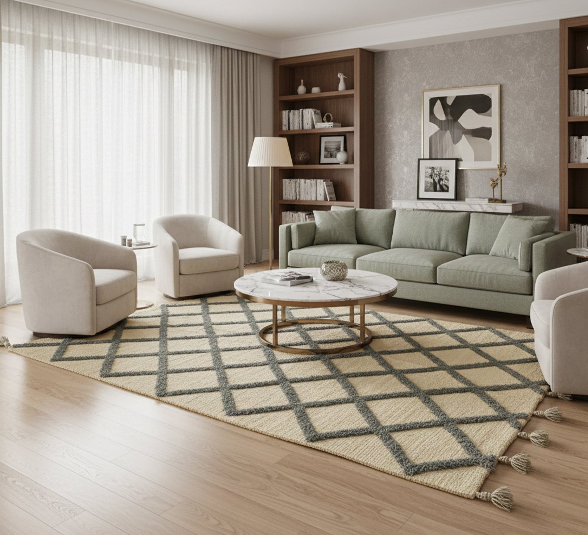 A wool rug with a diamond pattern and decorative fringe - Vitrine Furniture - Accessories