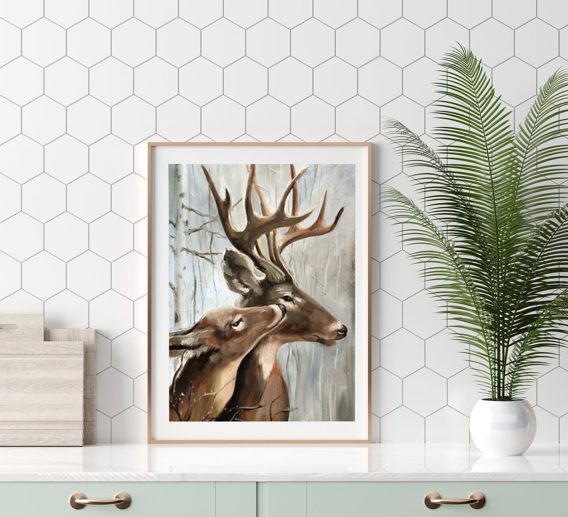 An artistic painting of a pair of elk - Vitrine Furniture - Décor