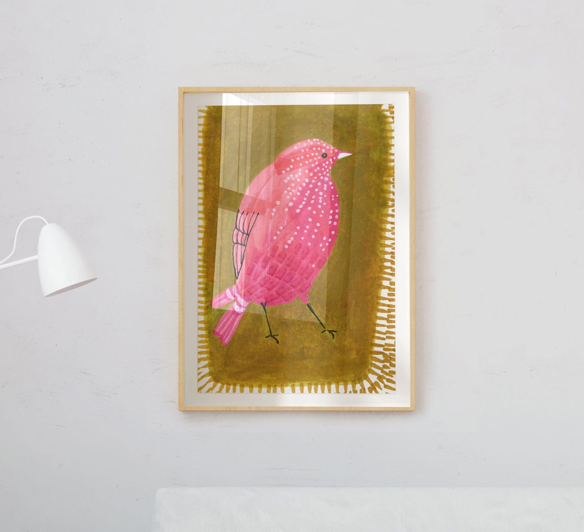 An artistic painting of a small bird in a white frame - Vitrine Furniture - Décor