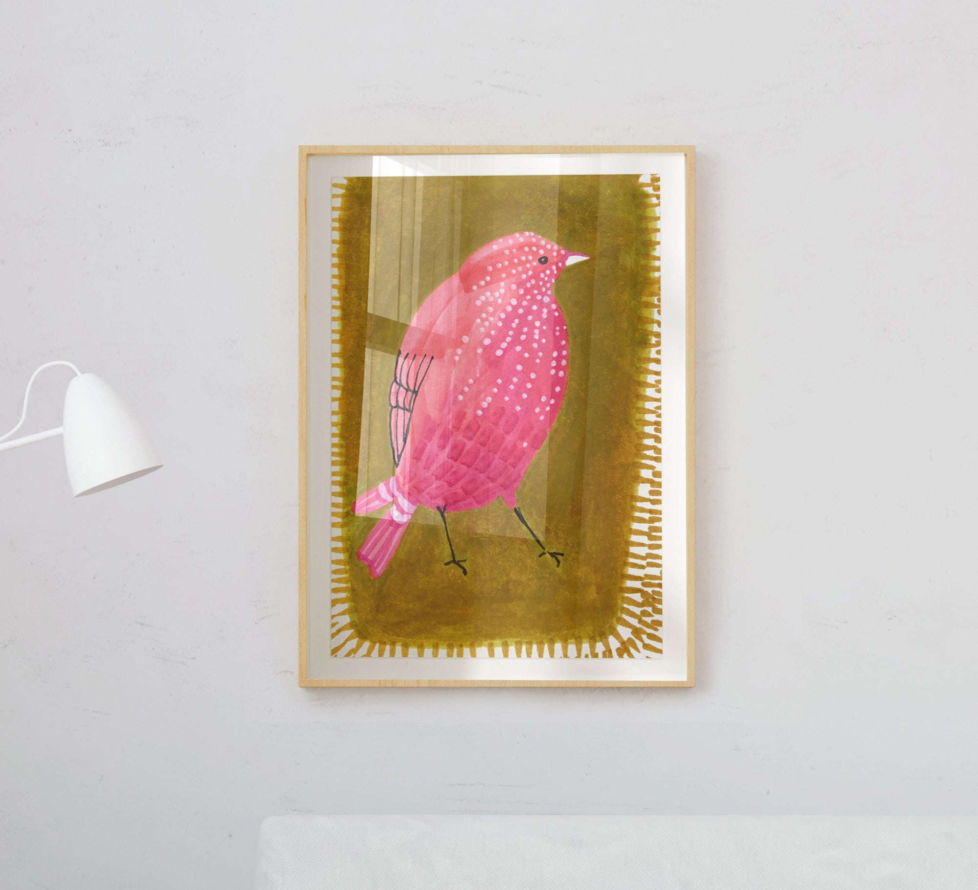 An artistic painting of a small bird in a white frame - Vitrine Furniture - Décor