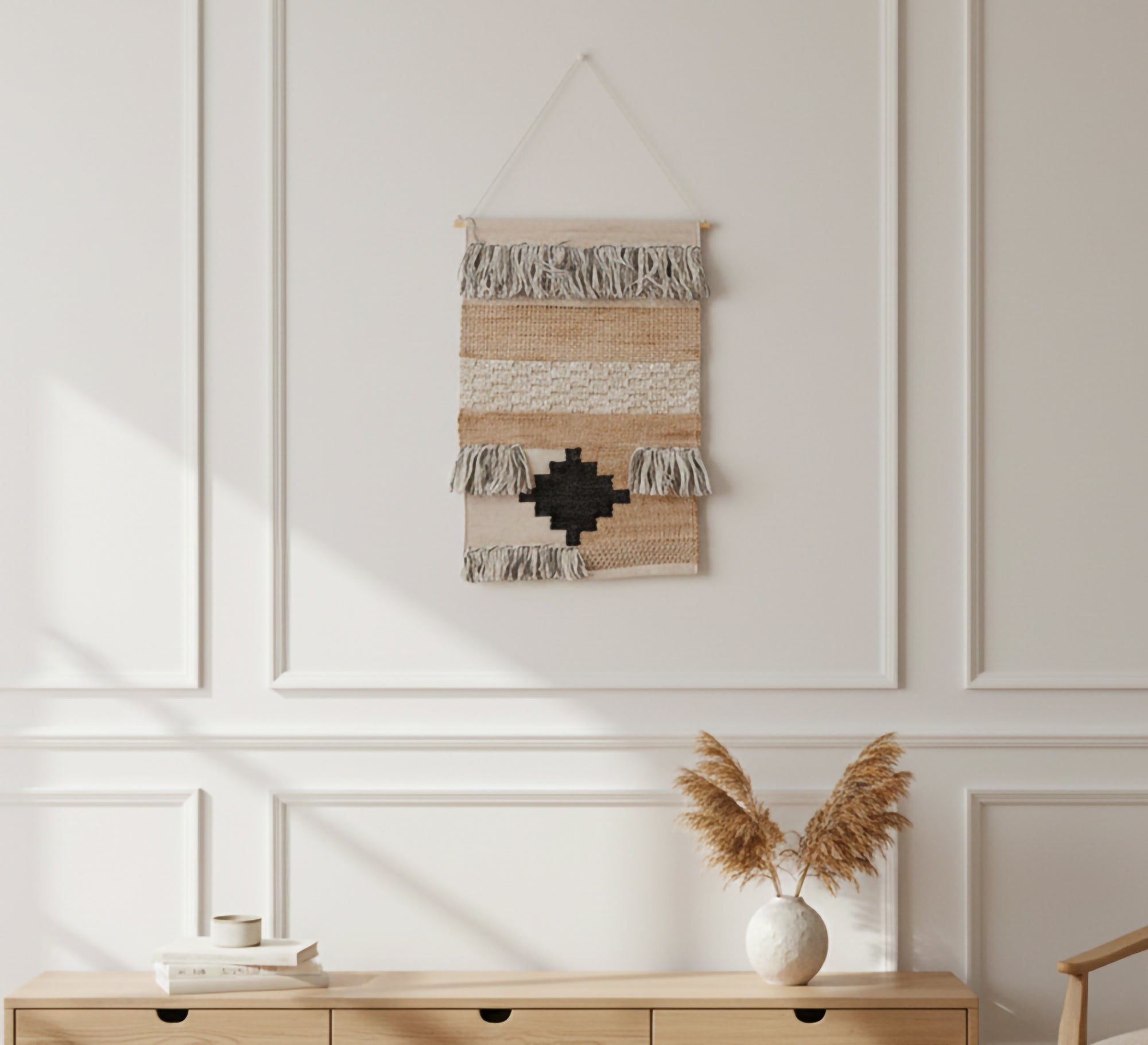 An earthy runner with a black diamond pattern and tassels - Vitrine Furniture - Accessories