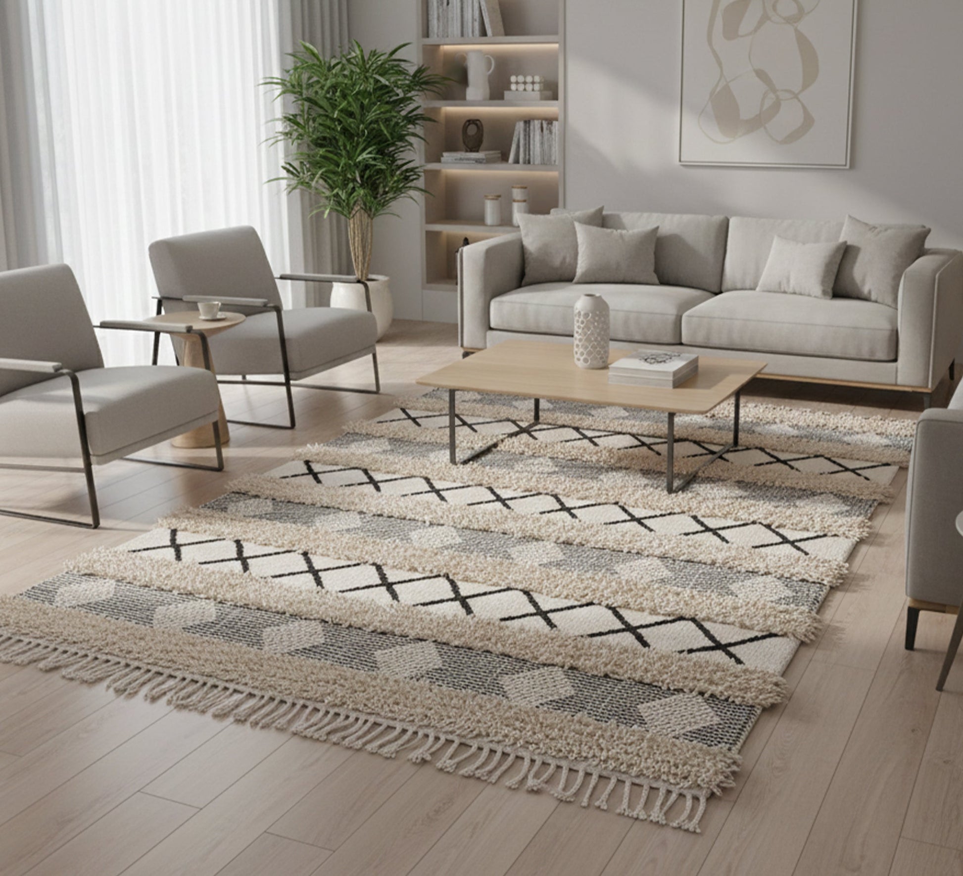 An elegant bohemian rug with a striped pattern and diamond motifs - Vitrine Furniture - Accessories
