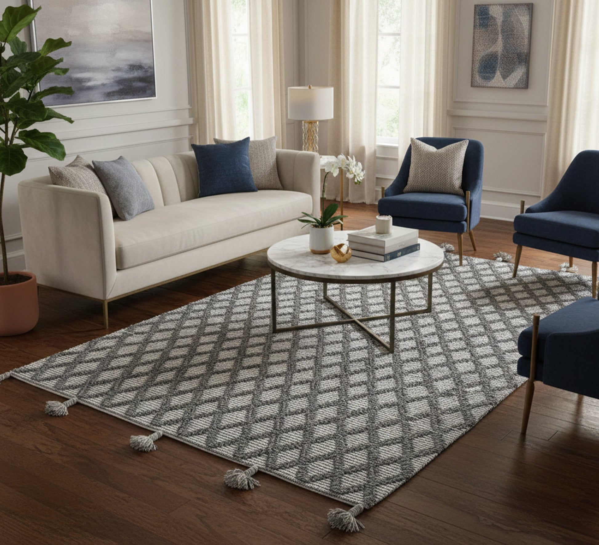 An elegant gray rug with a small diamond pattern and fringe - Vitrine Furniture - Accessories