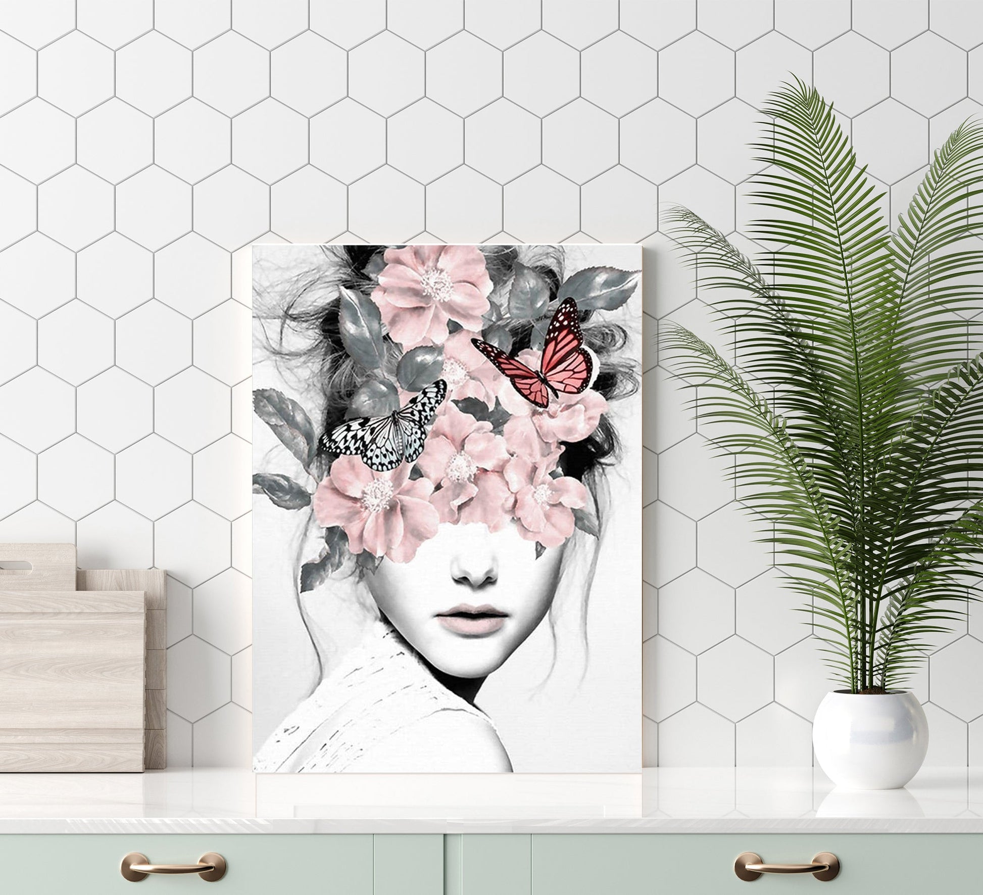 An elegant painting of a woman laden with flowers - Vitrine Furniture - Décor