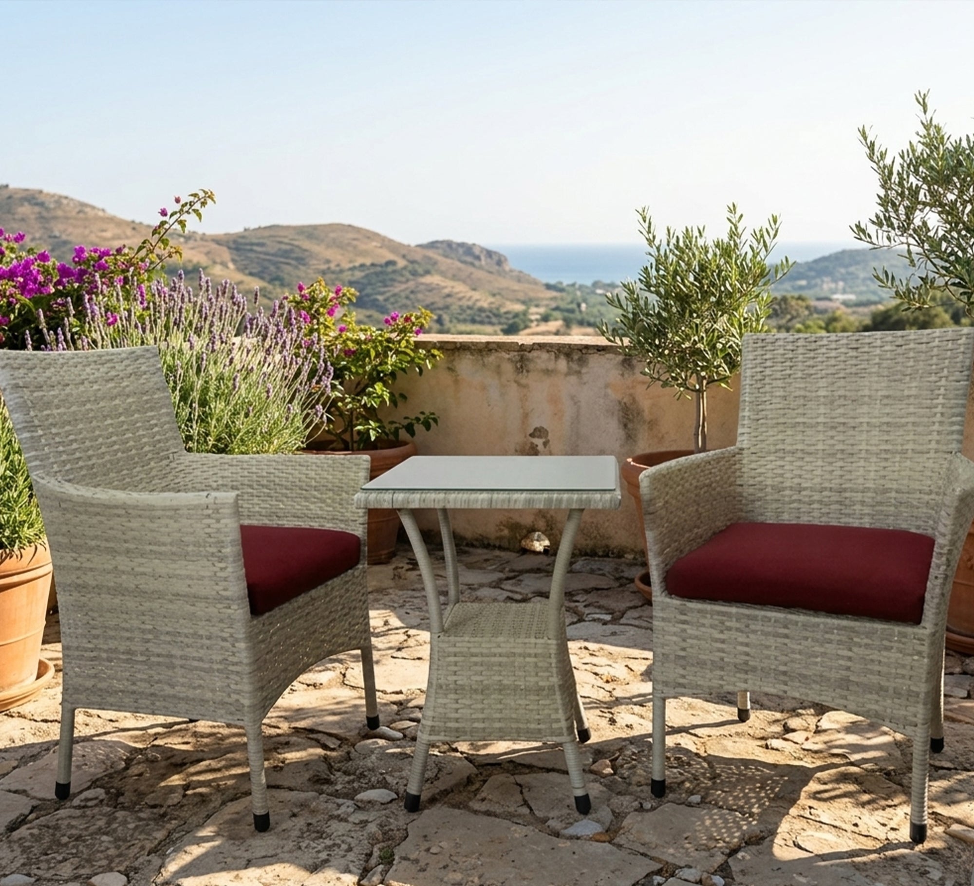 An outdoor set of 2 white chairs and a table - Vitrine Furniture - Outdoor Lounge Sets