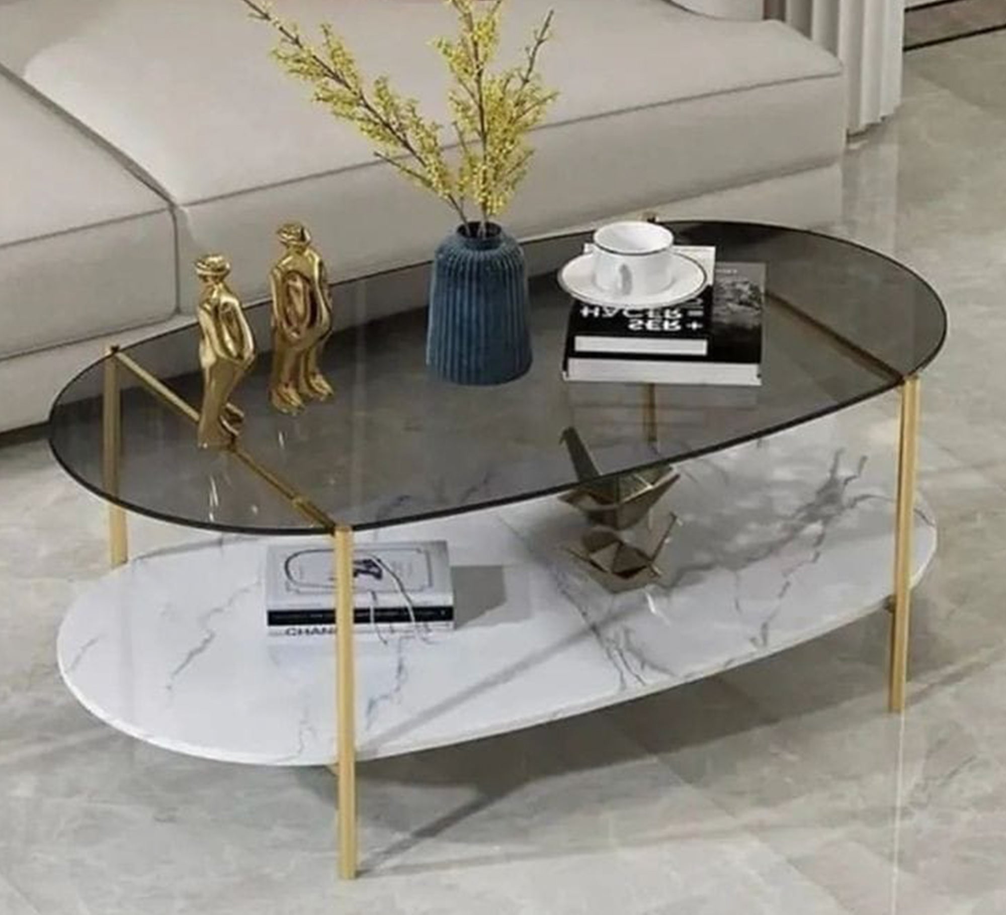 An oval table with two tops, one of which is a glass top - Vitrine Furniture - Furniture