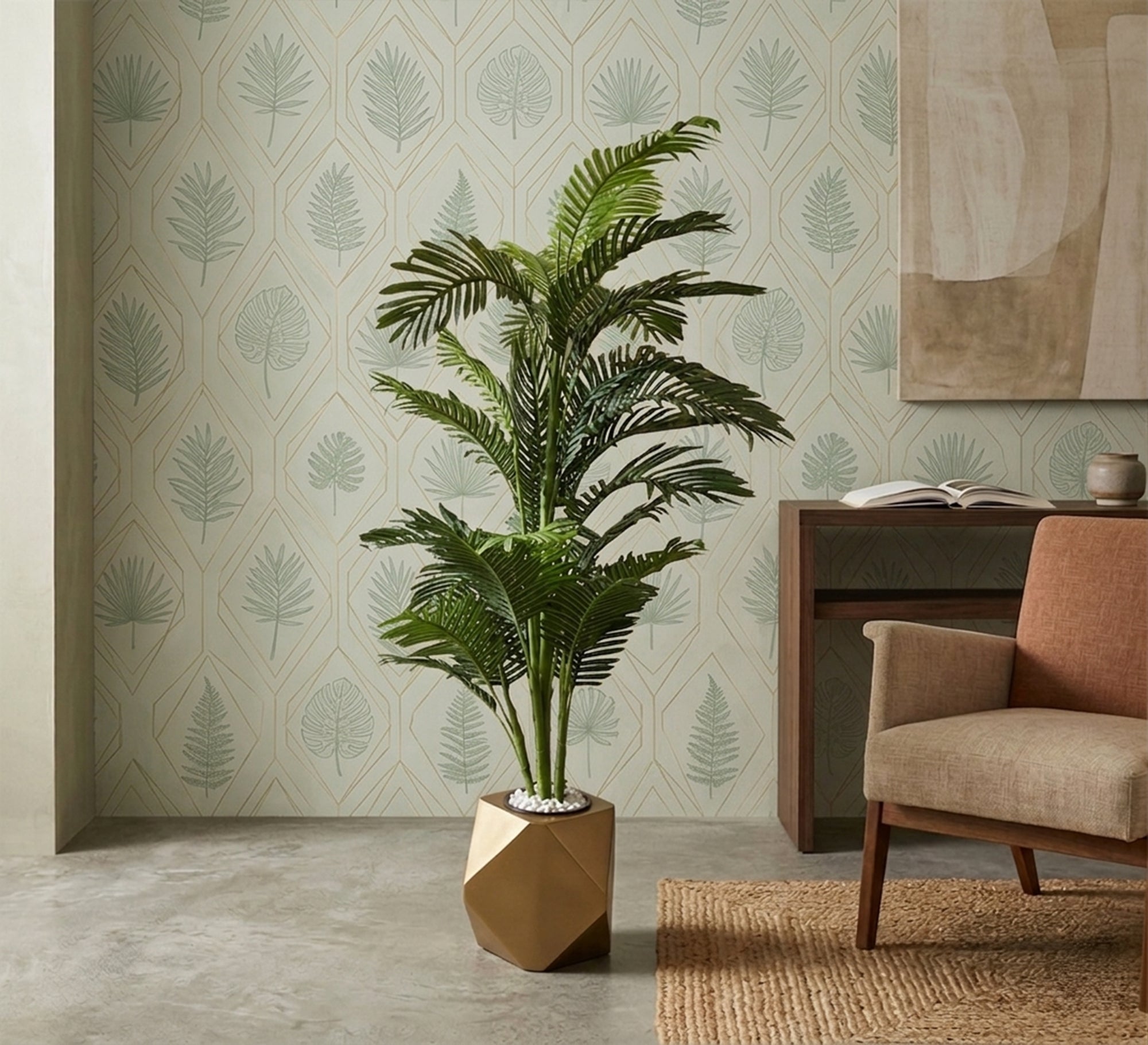 Artificial palm tree, leather leaf, golden plant pot - Vitrine Furniture - Pots & Plants
