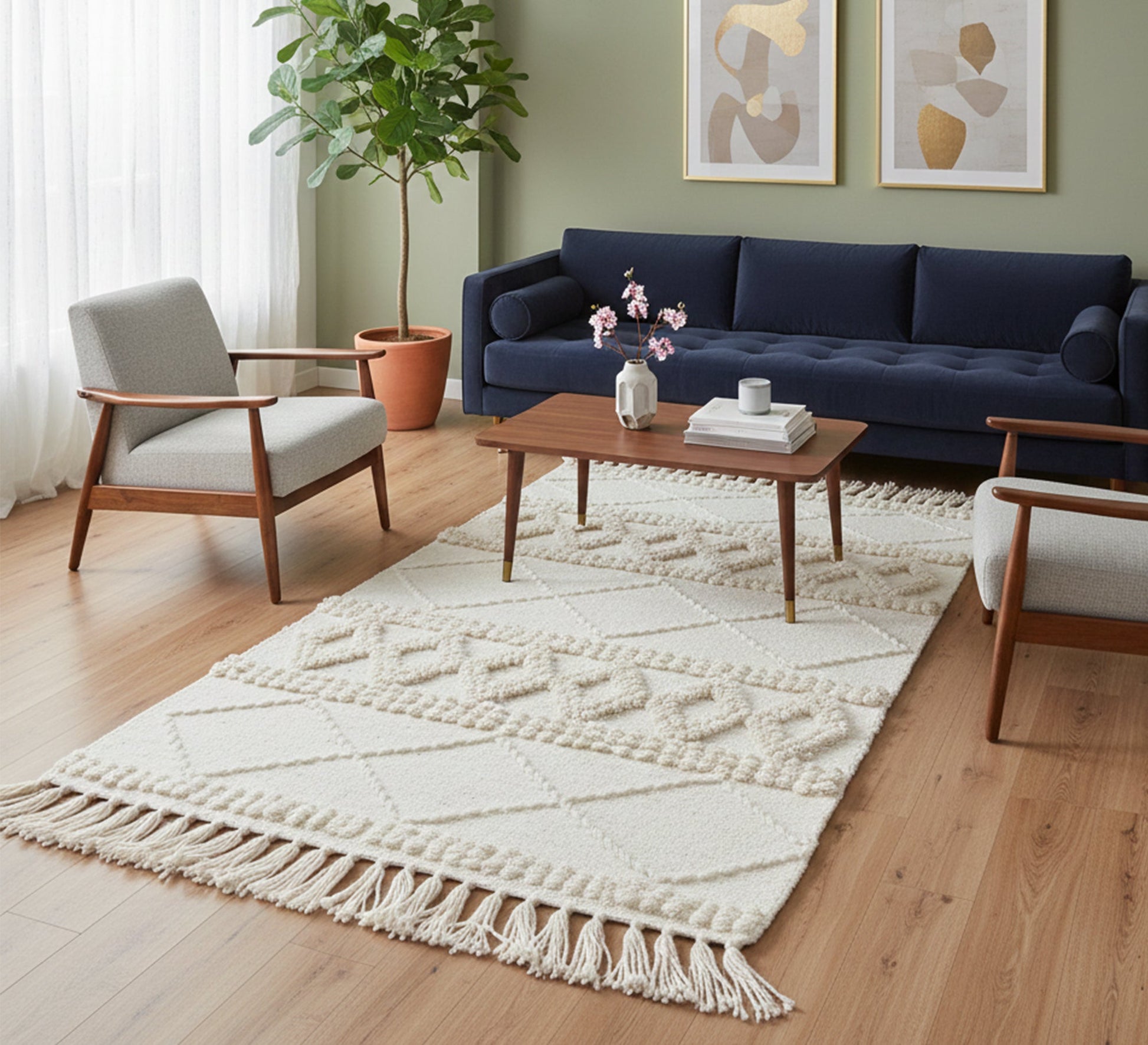 Beautiful raised geometric patterns in an ivory rug - Vitrine Furniture - Accessories