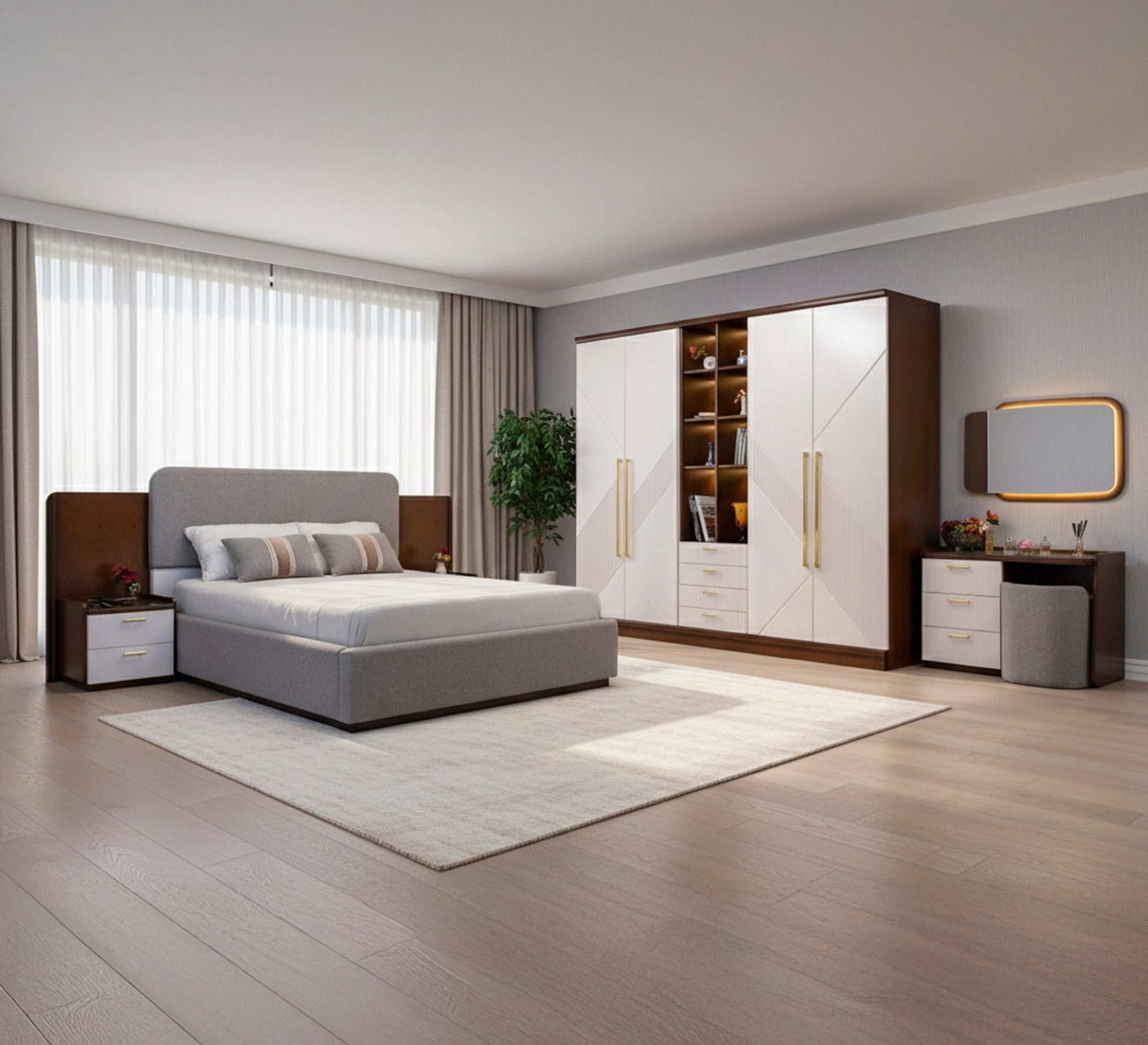 Bed Set: Elegant White and Grey Themes - Vitrine Furniture - Bed Sets