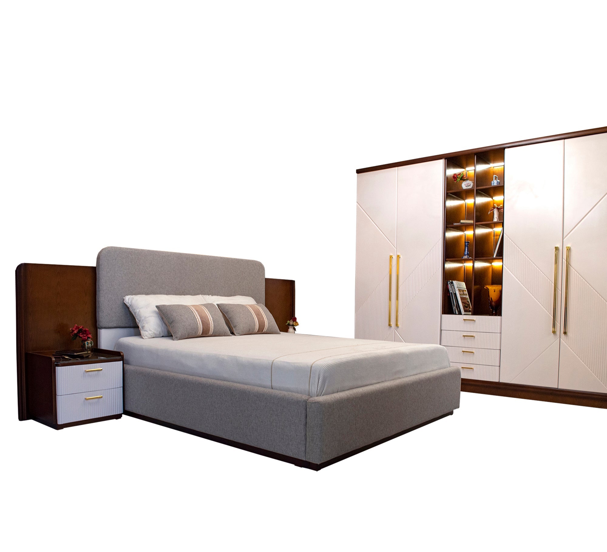 Bed Set: Elegant White and Grey Themes - Vitrine Furniture - Bed Sets