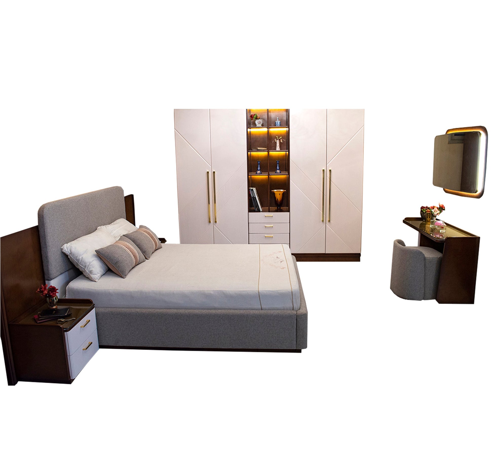 Bed Set: Elegant White and Grey Themes - Vitrine Furniture - Bed Sets
