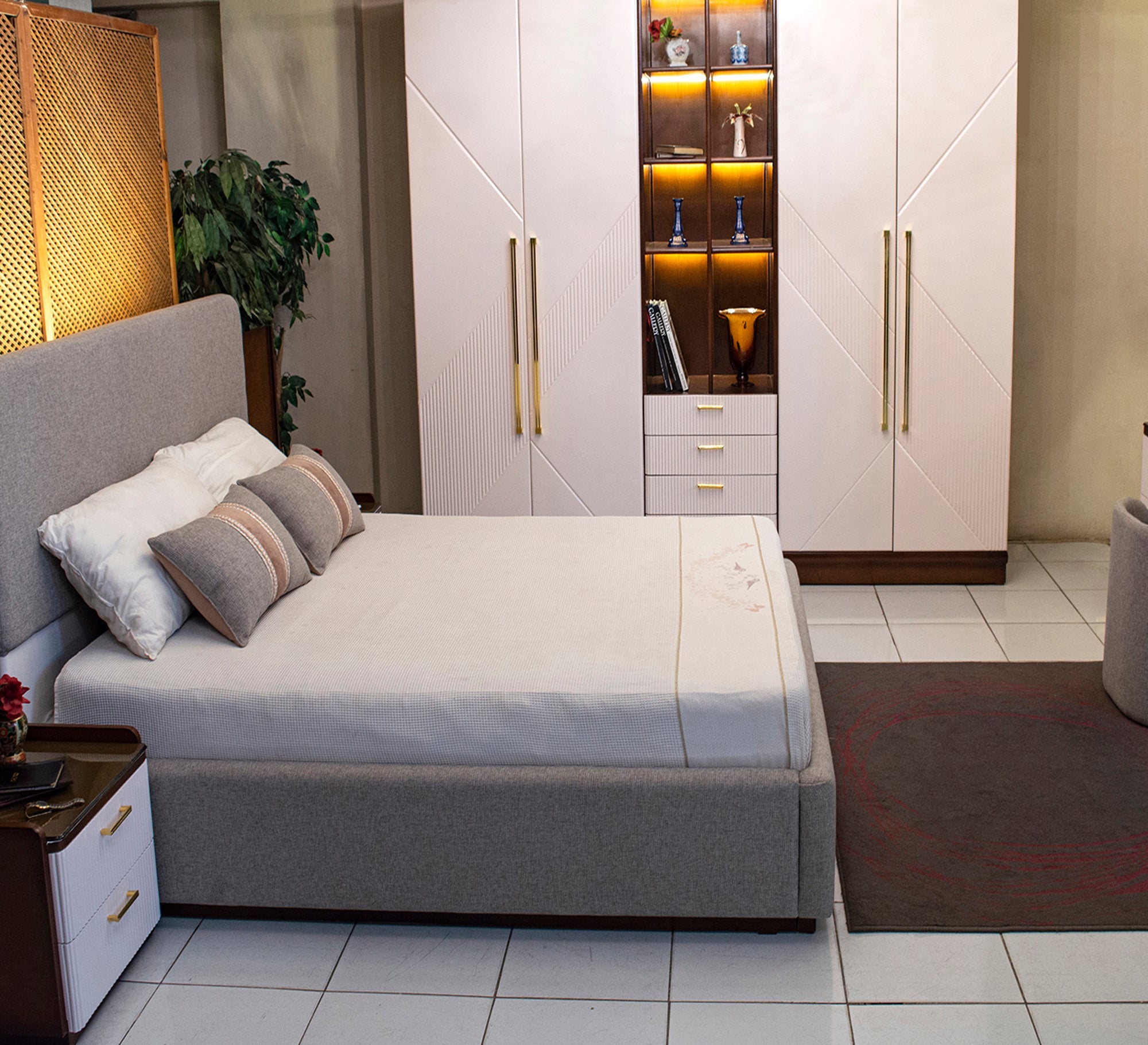 Bed Set: Elegant White and Grey Themes - Vitrine Furniture - Bed Sets