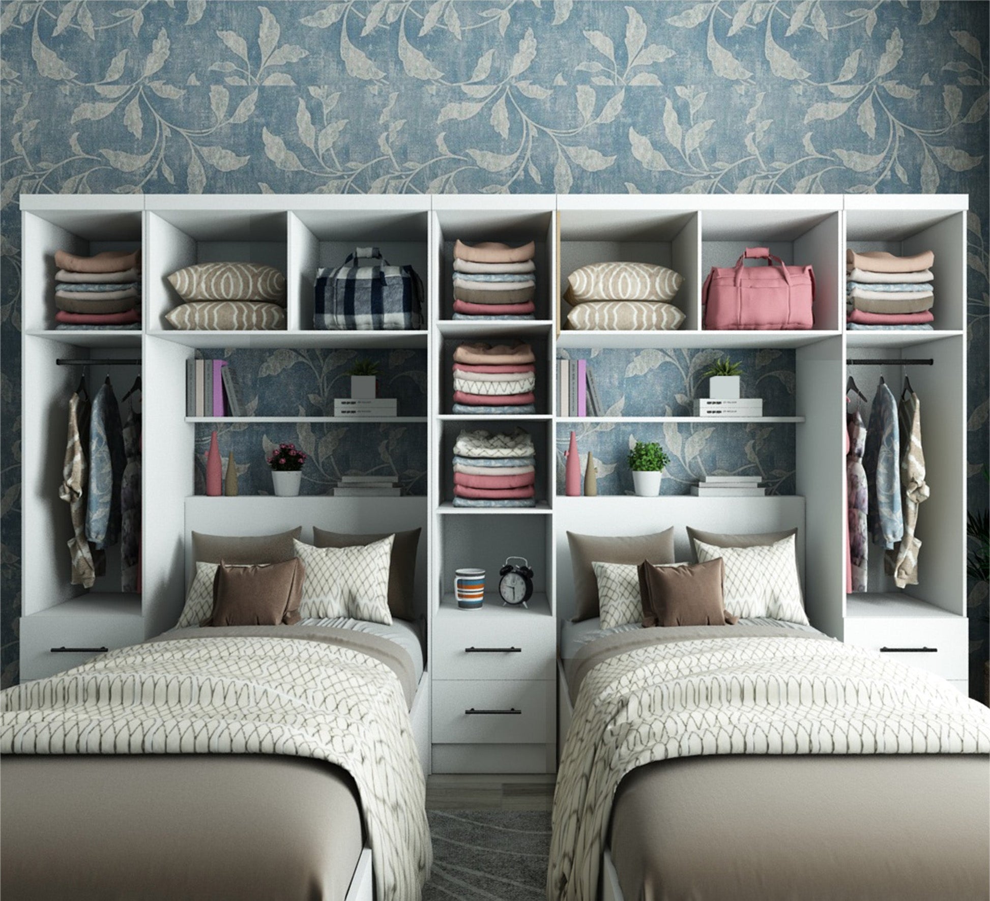 Bedroom: Dual White Beds & Spacious Wardrobe - Vitrine Furniture - Furniture