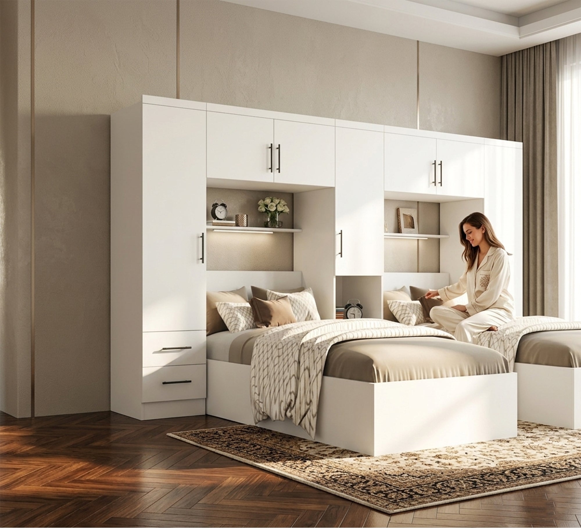 Bedroom: Dual White Beds & Spacious Wardrobe - Vitrine Furniture - Kids Room Set