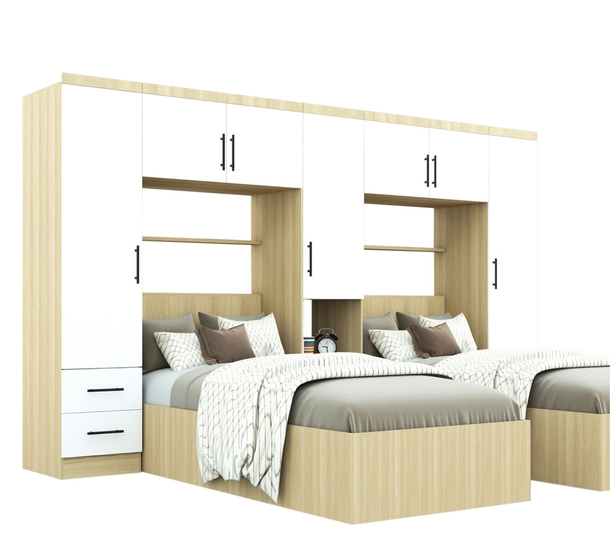 Bedroom with two wooden Beige beds and a large wardrobe - Vitrine Furniture - Furniture