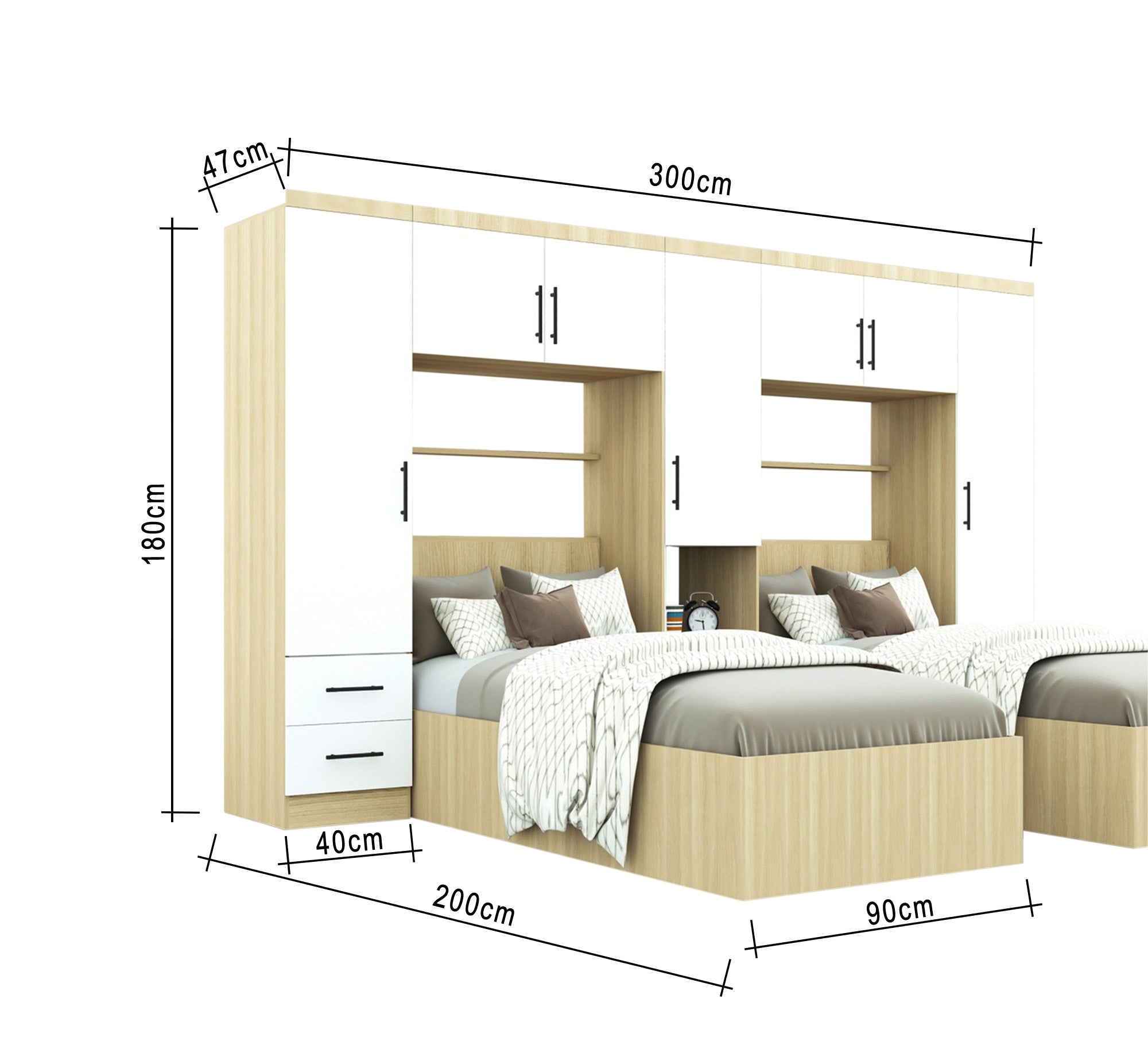 Bedroom with two wooden Beige beds and a large wardrobe - Vitrine Furniture - Furniture