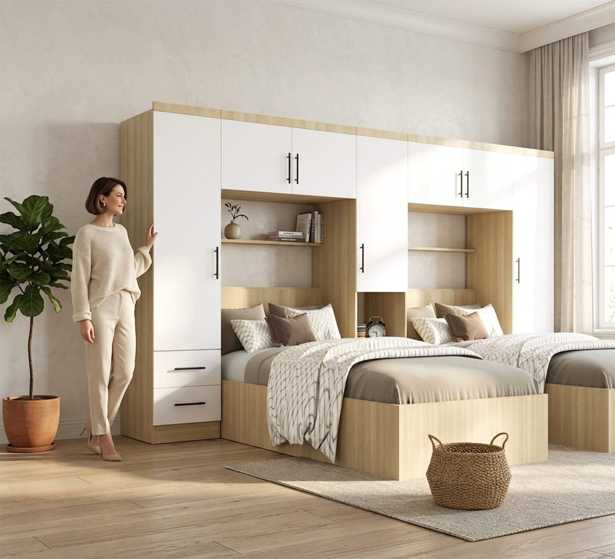 Bedroom with two wooden Beige beds and a large wardrobe - Vitrine Furniture - Kids Room Set