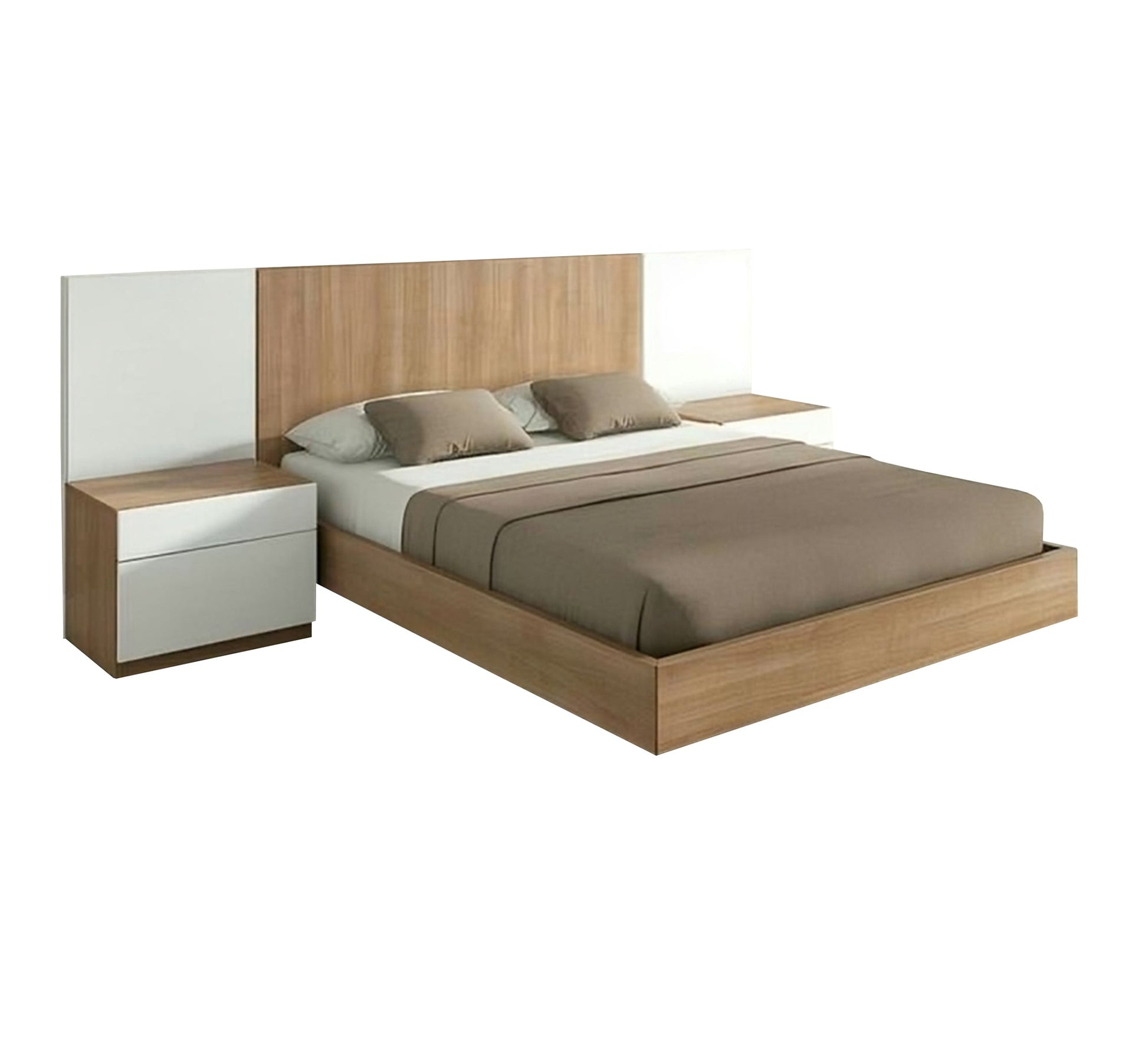 Beige and white bed connected to 2 bedside tables - Vitrine Furniture - Furniture