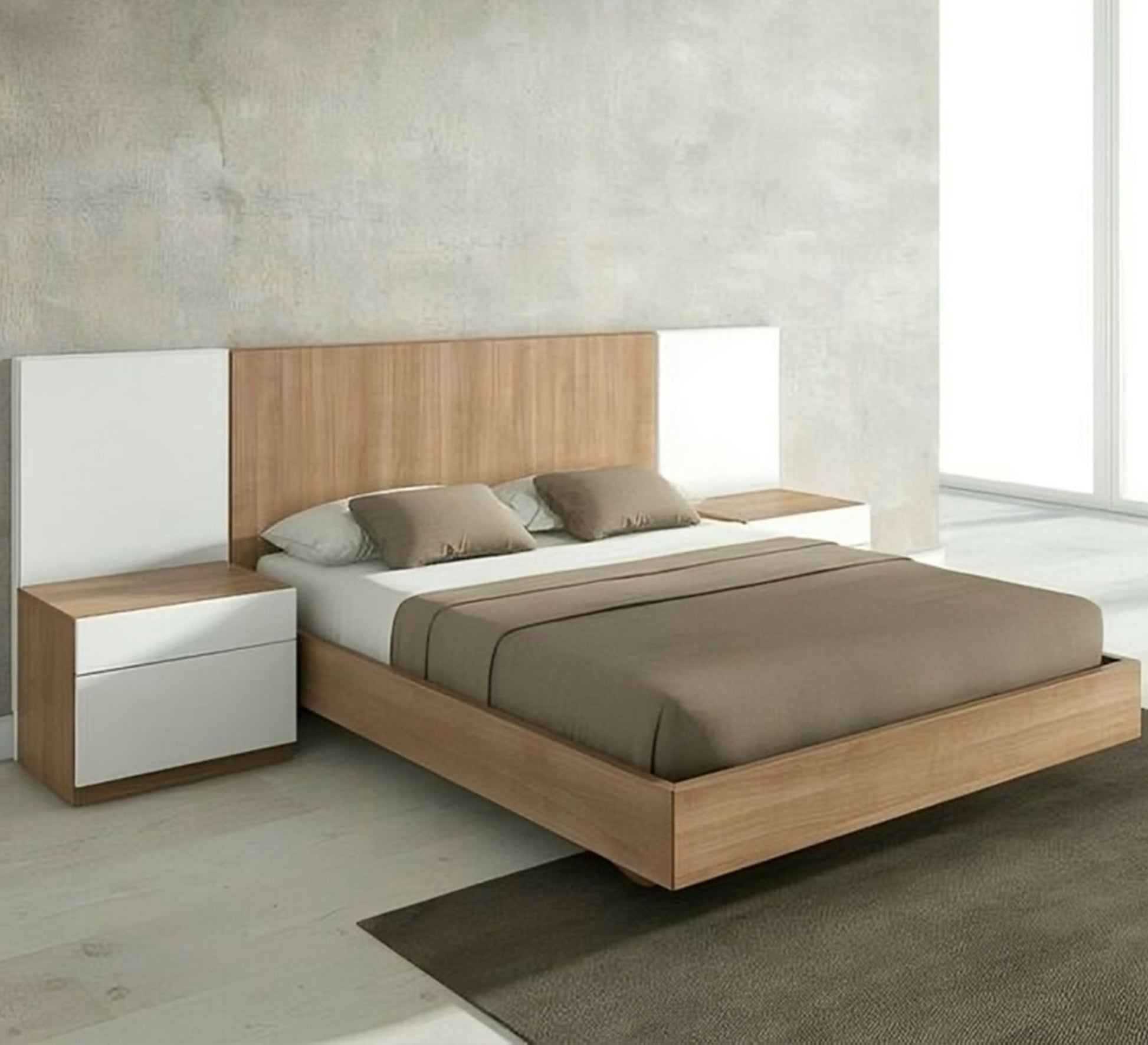 Beige and white bed connected to 2 bedside tables - Vitrine Furniture - Furniture