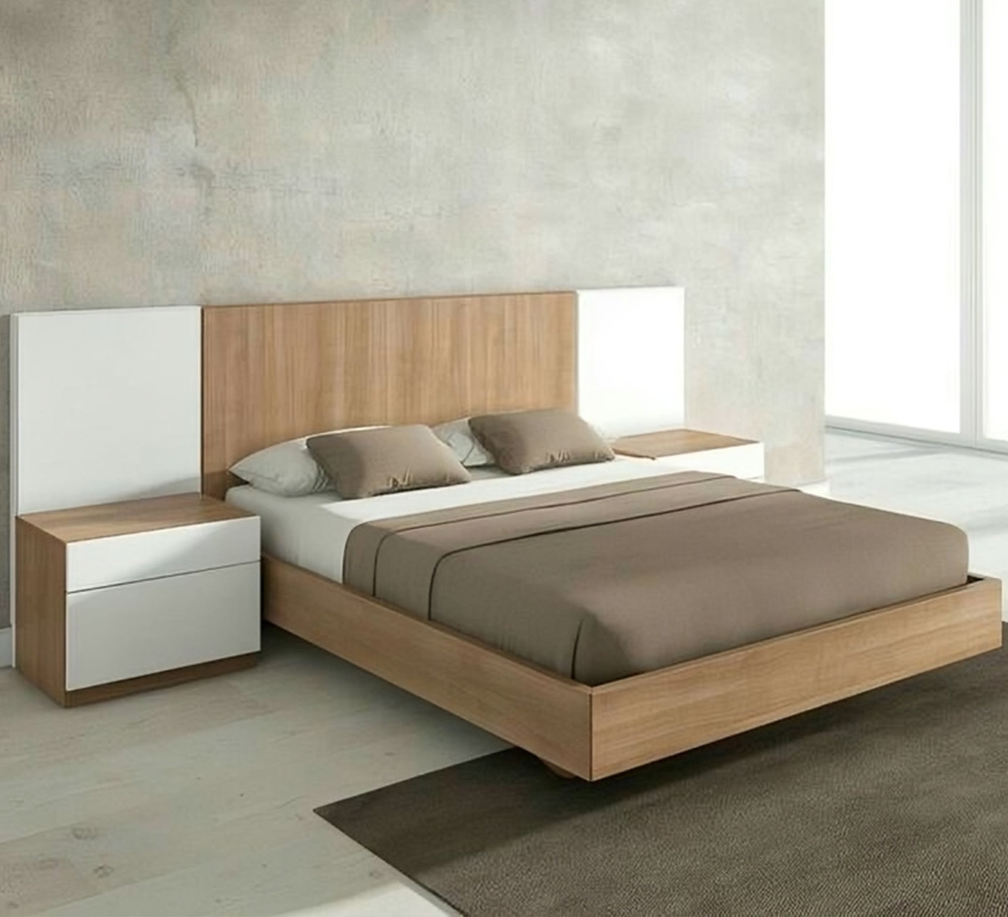 Beige and white bed connected to 2 bedside tables - Vitrine Furniture - Furniture