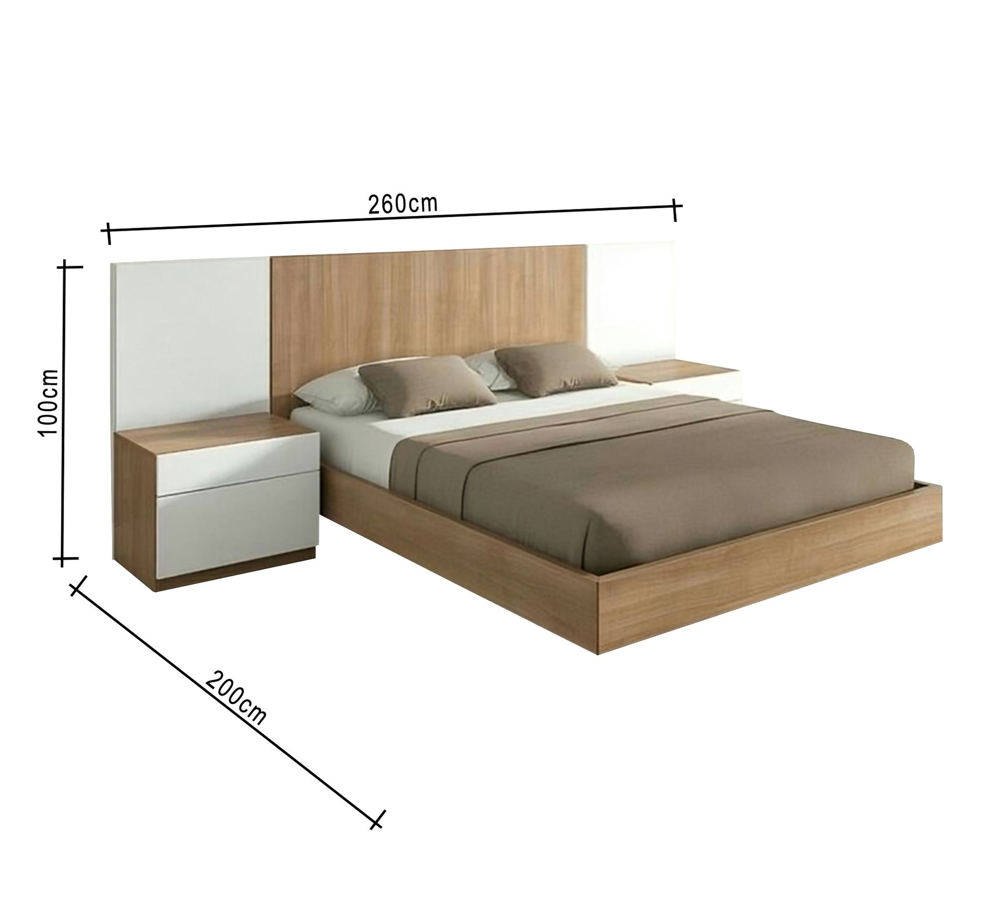 Beige and white bed connected to 2 bedside tables - Vitrine Furniture - Furniture