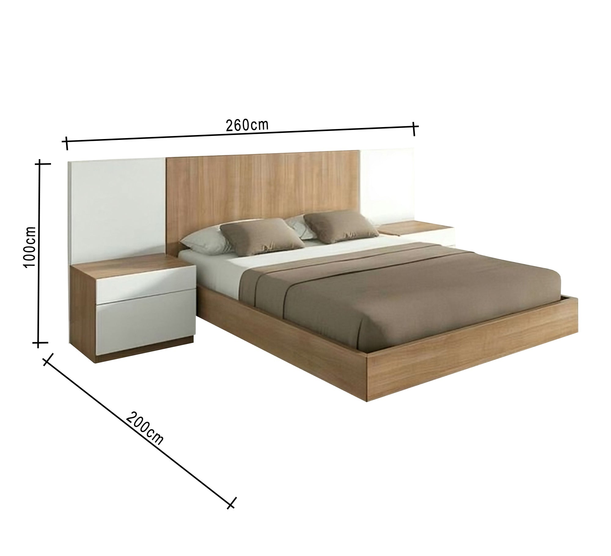 Beige and white bed connected to 2 bedside tables - Vitrine Furniture - Furniture