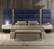 Beige bed with a blue high headboard and gold trim - Vitrine Furniture - Furniture