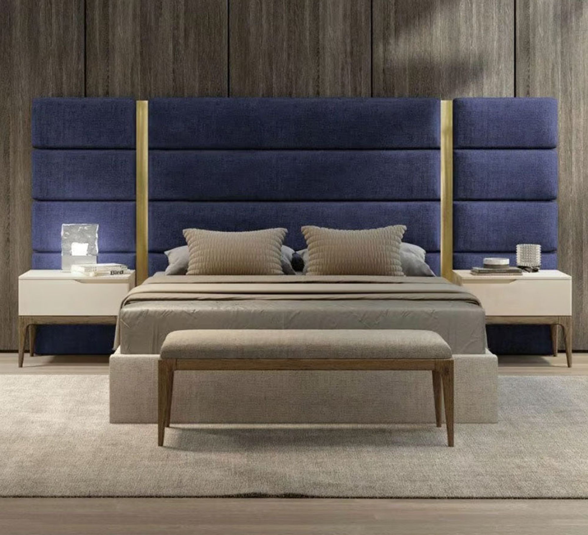 Beige bed with a blue high headboard and gold trim - Vitrine Furniture - Furniture