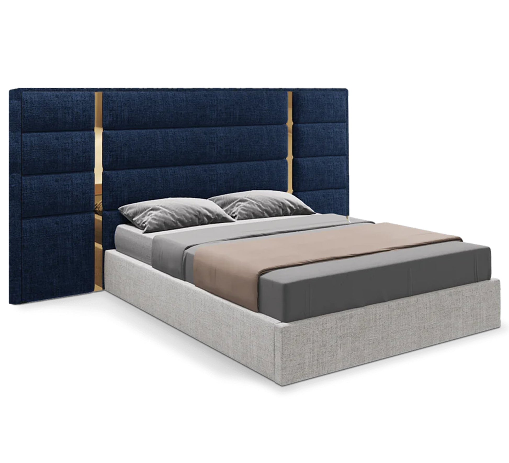 Beige bed with a blue high headboard and gold trim - Vitrine Furniture - Furniture