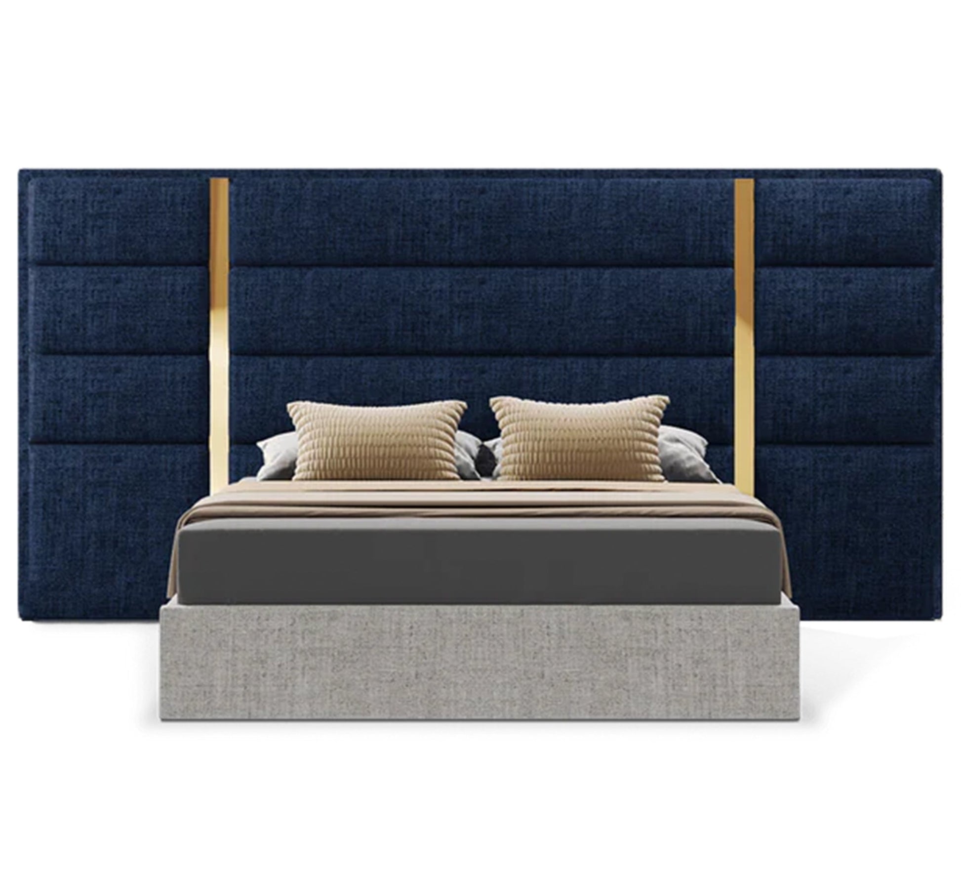 Beige bed with a blue high headboard and gold trim - Vitrine Furniture - Furniture