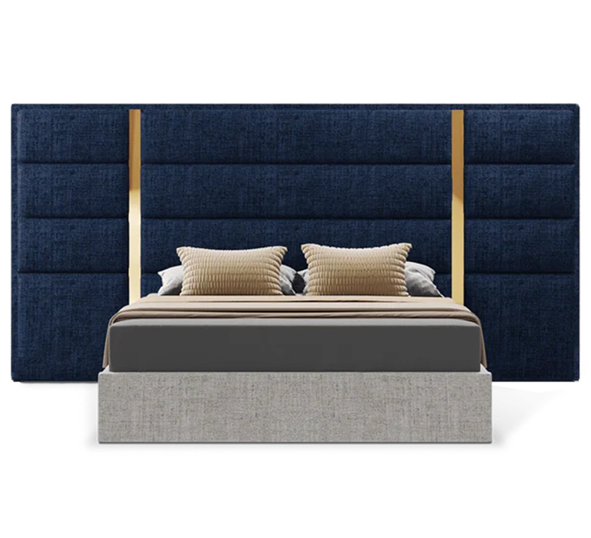 Beige bed with a blue high headboard and gold trim - Vitrine Furniture - Furniture
