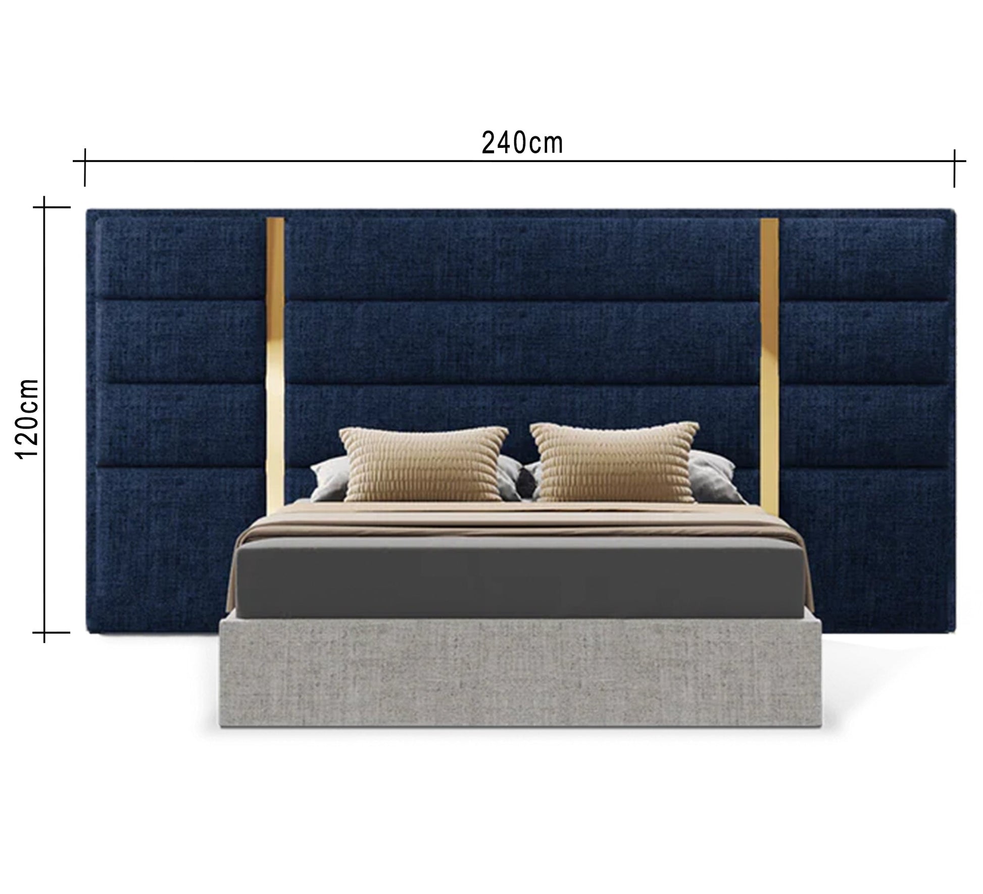 Beige bed with a blue high headboard and gold trim - Vitrine Furniture - Furniture